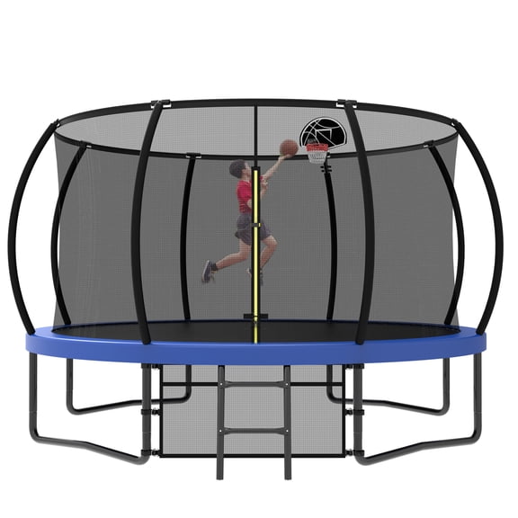 Leumius 12FT Trampoline with Enclosure Net,Heavy Duty Yard Pumpkin Trampolines with Ladder,Outdoor Recreational Trampolines for Kids and Adults,Blue