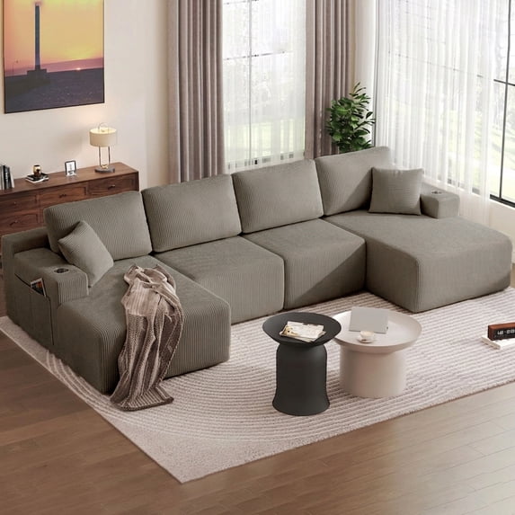 Leumius 130" U Shaped Sectional Couches with Chaise,Modern Deep Seat Boneless Corduroy Cloud Modular Sofa for Living Room,taupe