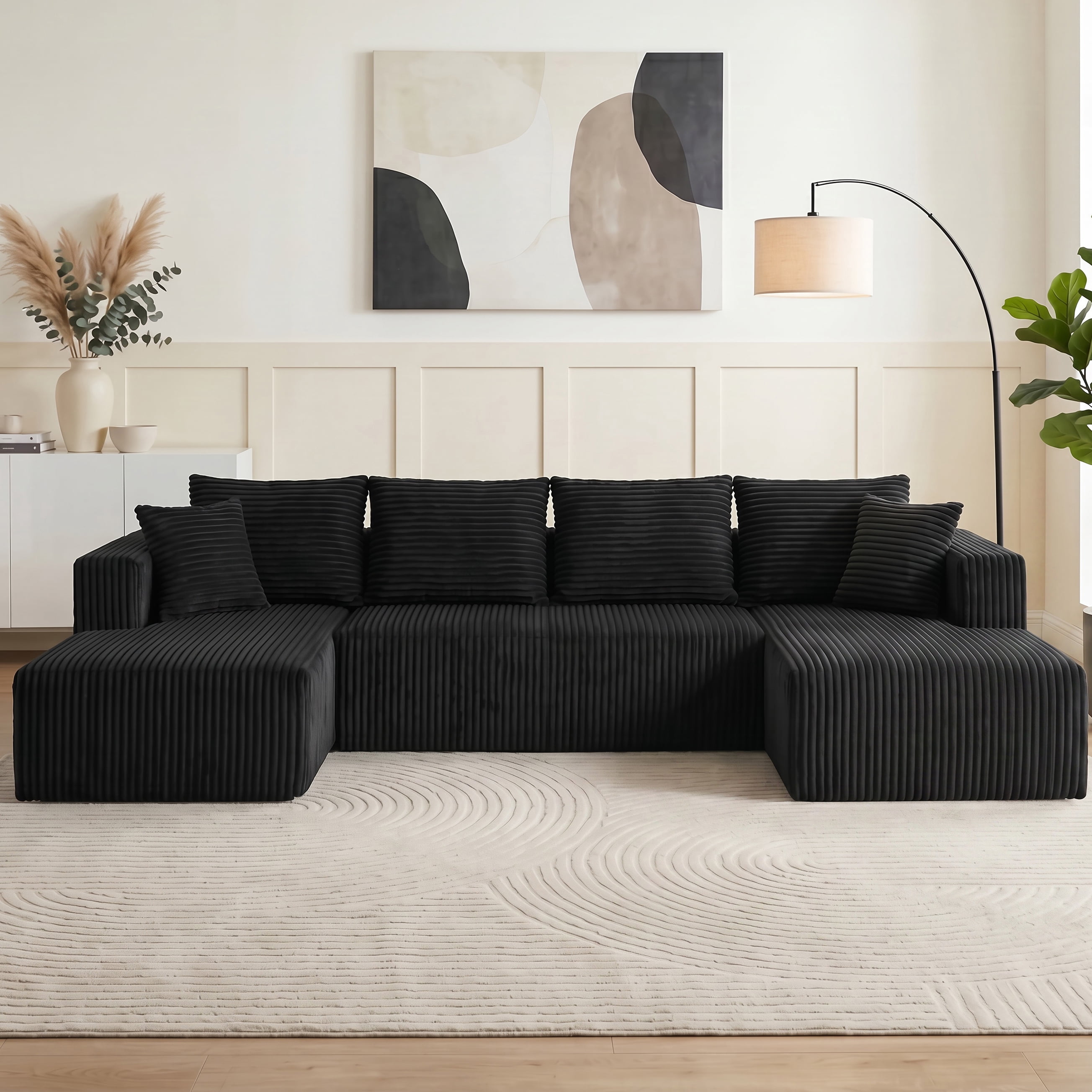 Leumius 132" U Shaped Cloud Couch Sectional Sofa,Modular Sectional Sofa with Double Chaise,Oversized Deep Seat Boneless Couch for Living Room,No Assembly Required,Black