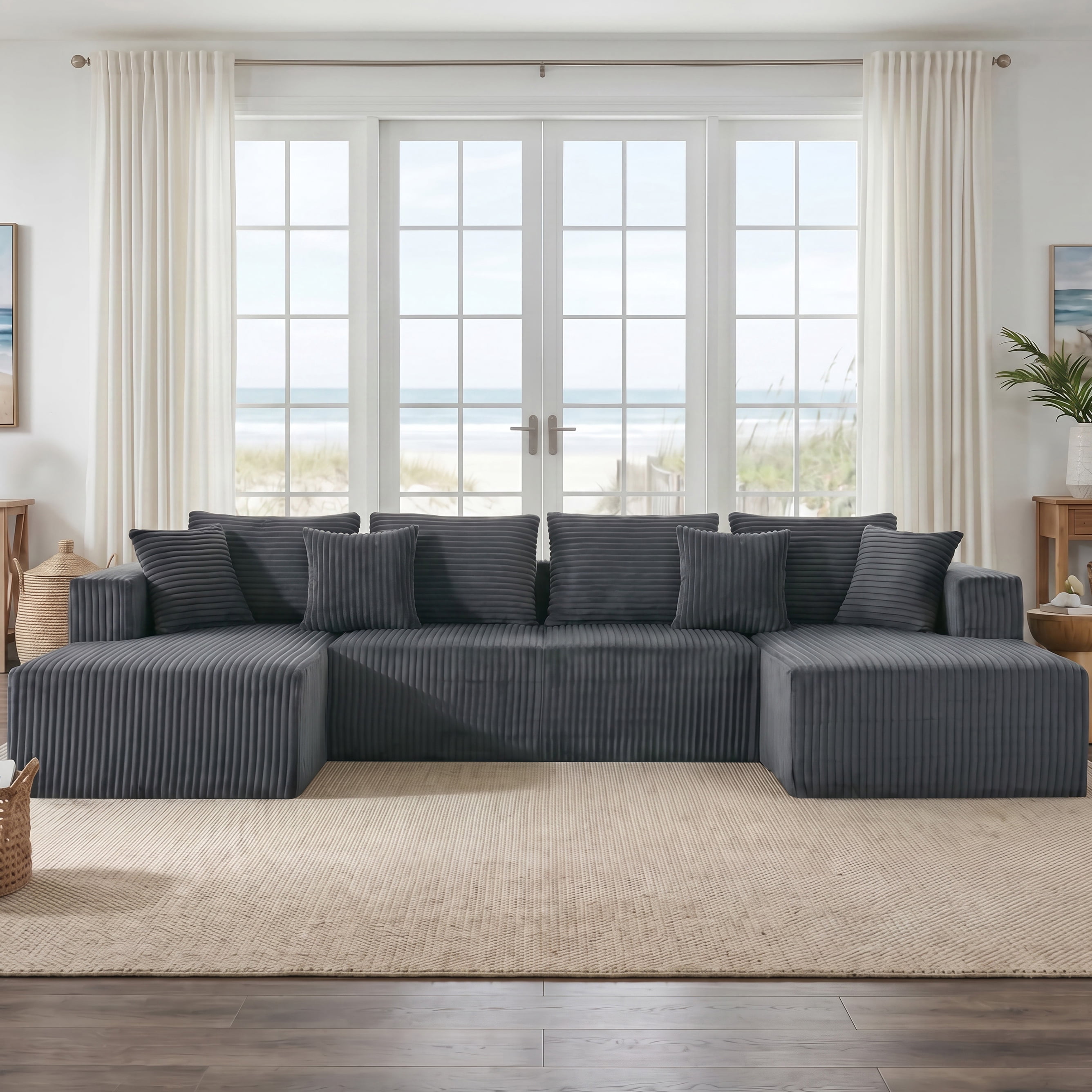 Leumius 132" U Shaped Cloud Couch Sectional Sofa,Modular Sectional Sofa with Double Chaise,Oversized Deep Seat Boneless Couch for Living Room,No Assembly Required,Gray