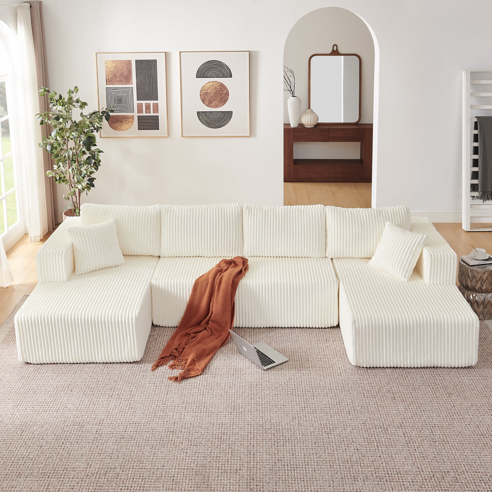 Leumius 132" U Shaped Modular Sectional Sofa,Modern Minimalist Corduroy Boneless Cloud Sofa with Double Chaise,Memory Foam Sectional Couch with Deep Seat for Living Room, No Assembly Required,Beige