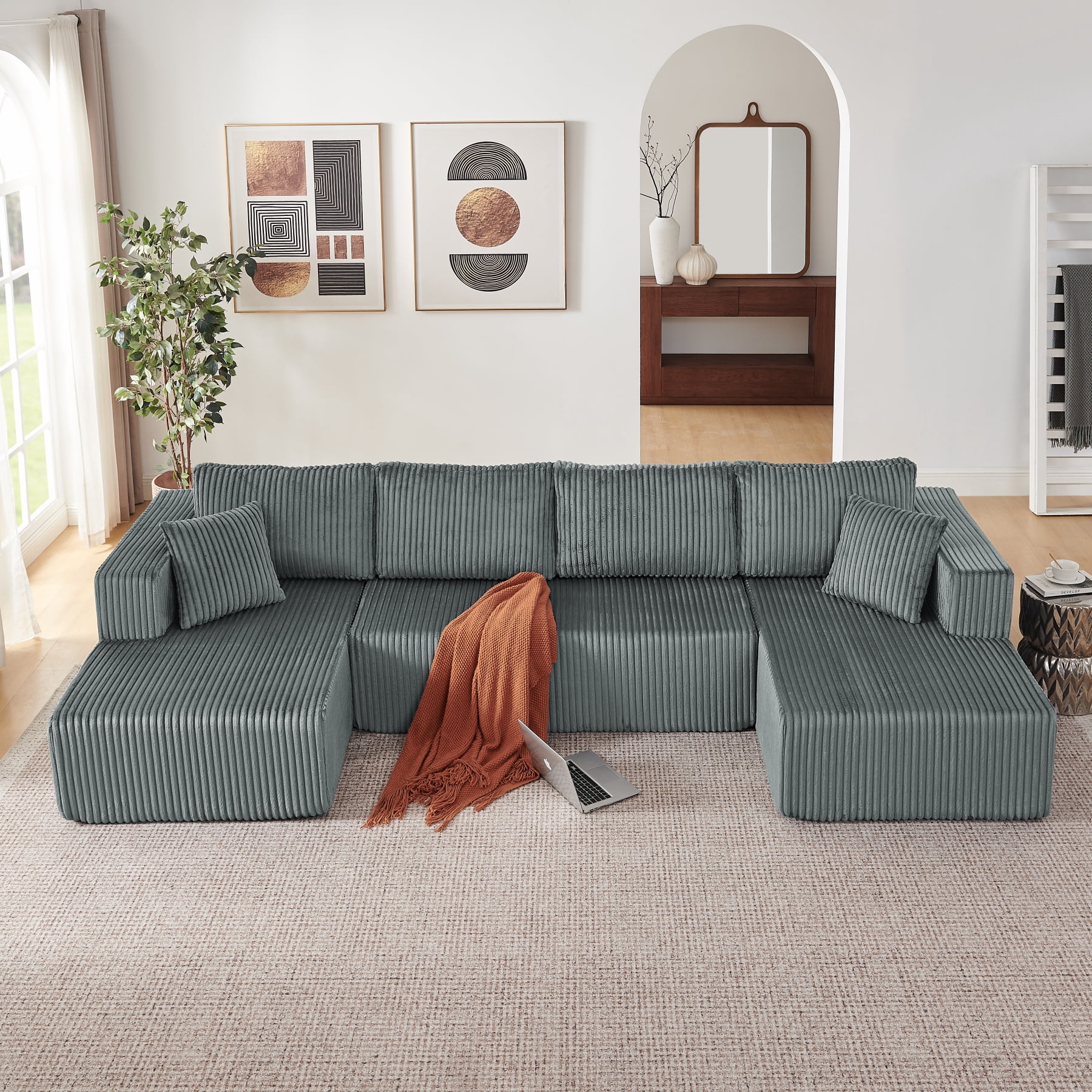 Leumius 132" U Shaped Modular Sectional Sofa,Modern Minimalist Corduroy Boneless Cloud Sofa with Double Chaise,Memory Foam Sectional Couch with Deep Seat for Living Room, No Assembly,Dark Gray