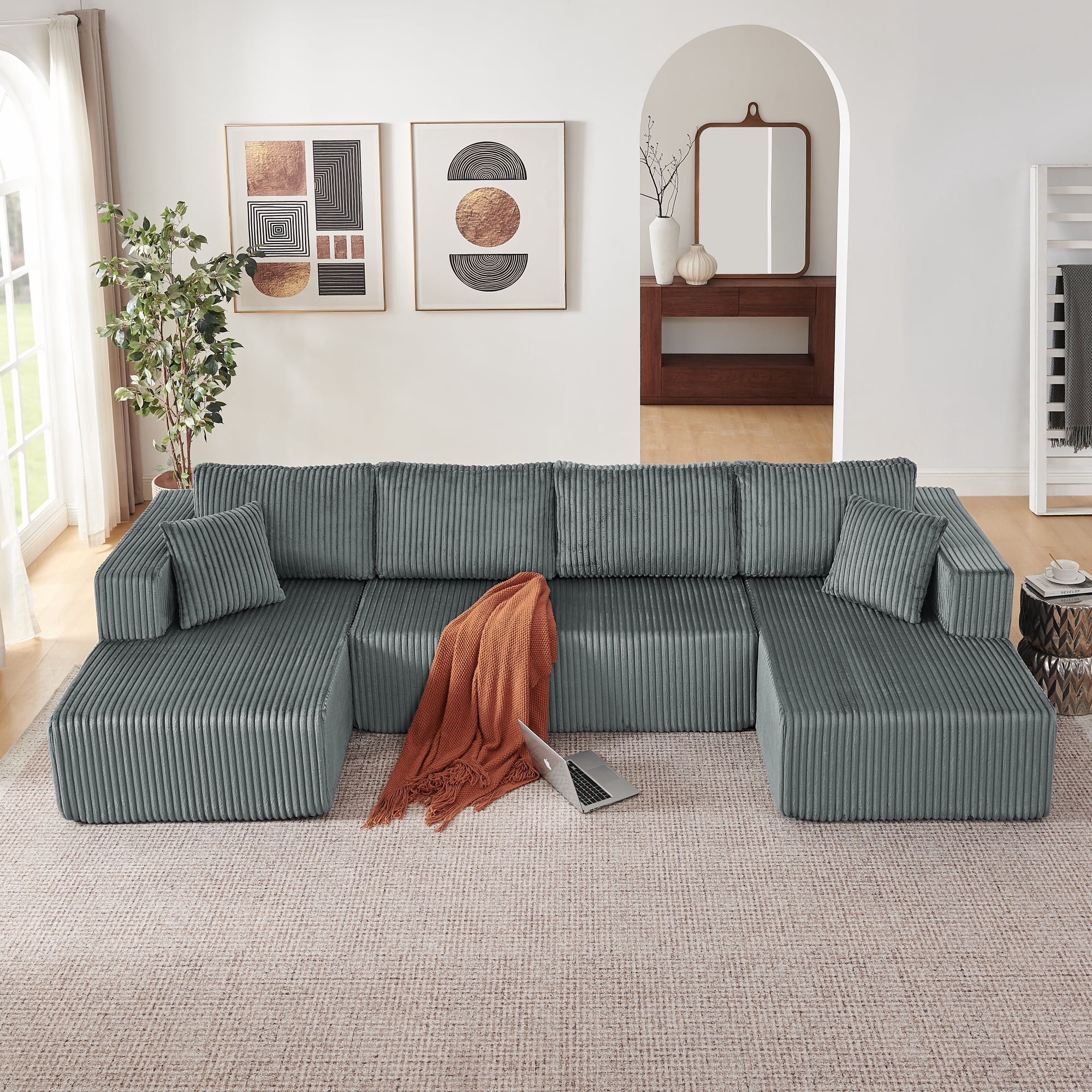 Leumius 132" U Shaped Modular Sectional Sofa,Modern Minimalist Corduroy Boneless Cloud Sofa with Double Chaise,Memory Foam Sectional Couch with Deep Seat for Living Room, No Assembly,Dark Gray