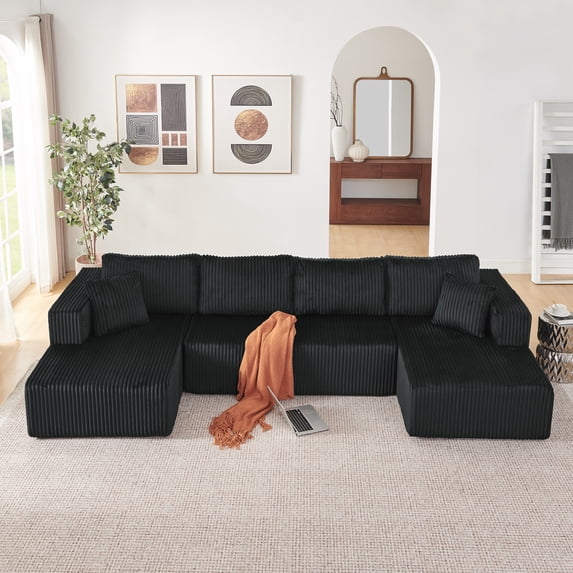Leumius 132" U Shaped Modular Sectional Sofa,Modern Minimalist Corduroy Boneless Cloud Sofa with Double Chaise,Memory Foam Sectional Couch with Deep Seat for Living Room, No Assembly Required,Black