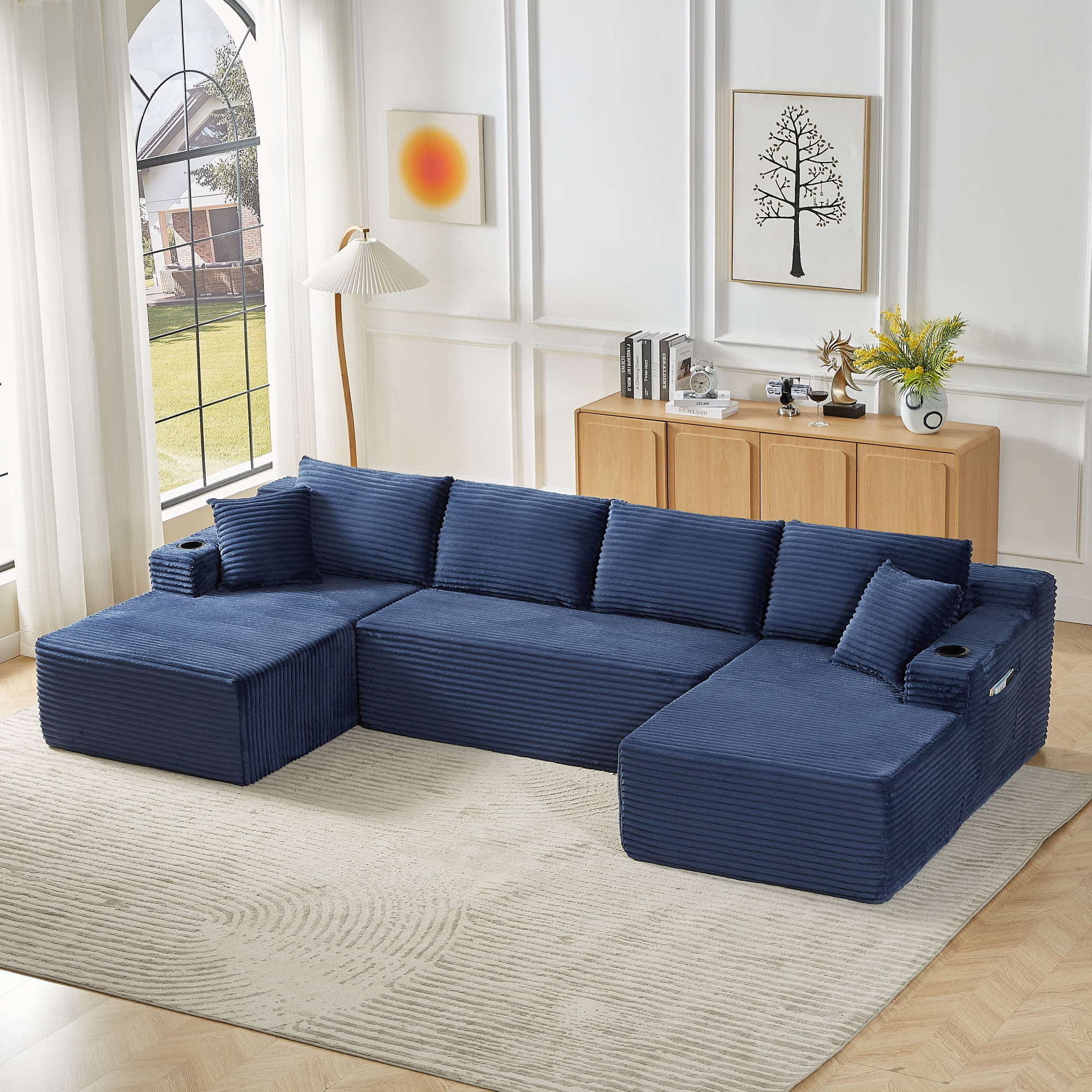 Leumius 133" Oversized Boneless Sectional Couches for Living Room,Modern Corduroy U Shaped Modular Sectional Sofa with Deep Seat,6-Seat Cloud Couch with Cupholders and Side Pockets,No Assembly,Blue