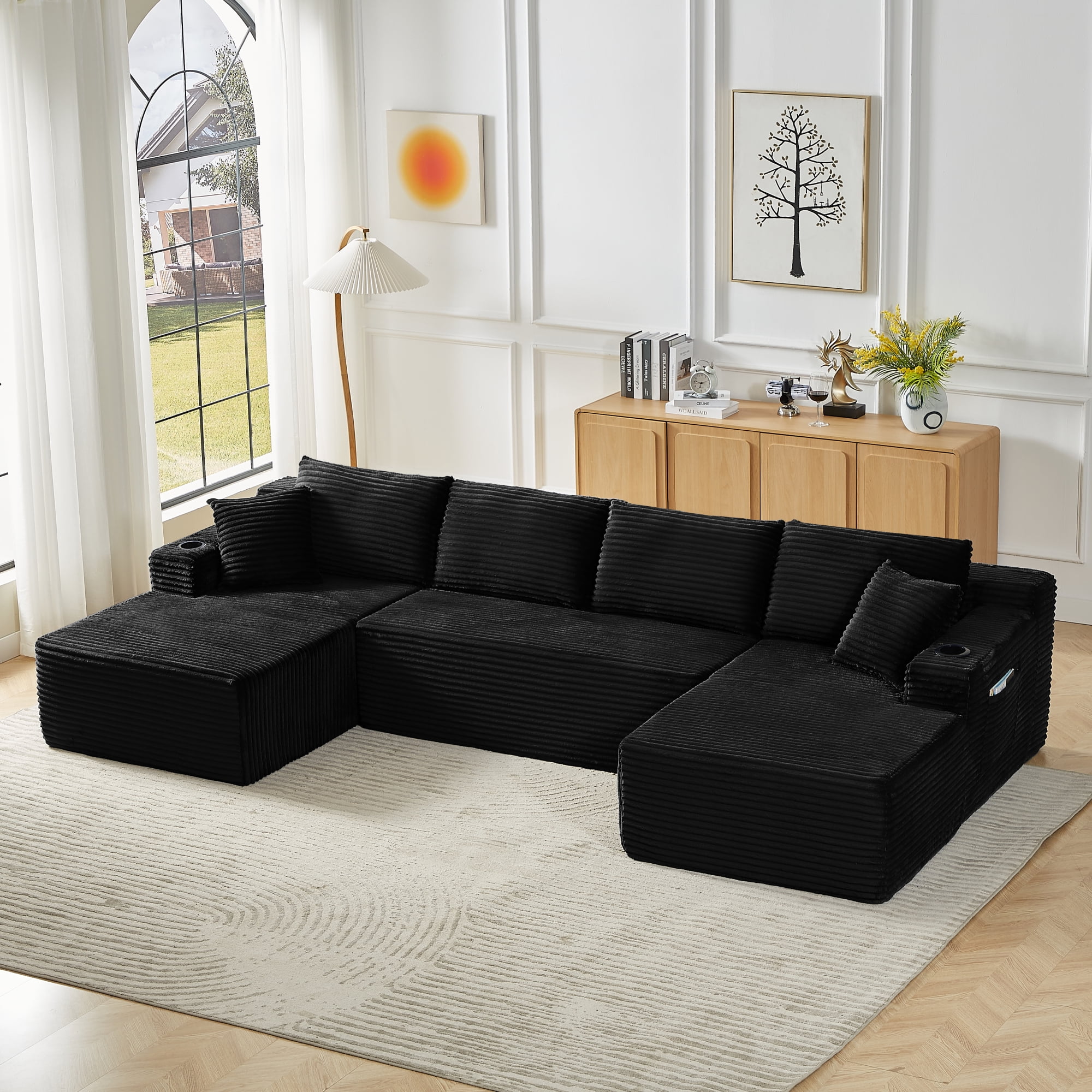 Leumius 133" Oversized Boneless Sectional Couches for Living Room,Modern Corduroy U Shaped Modular Sectional Sofa with Deep Seat,6-Seat Cloud Couch with Cupholders and Side Pockets,No Assembly,Black
