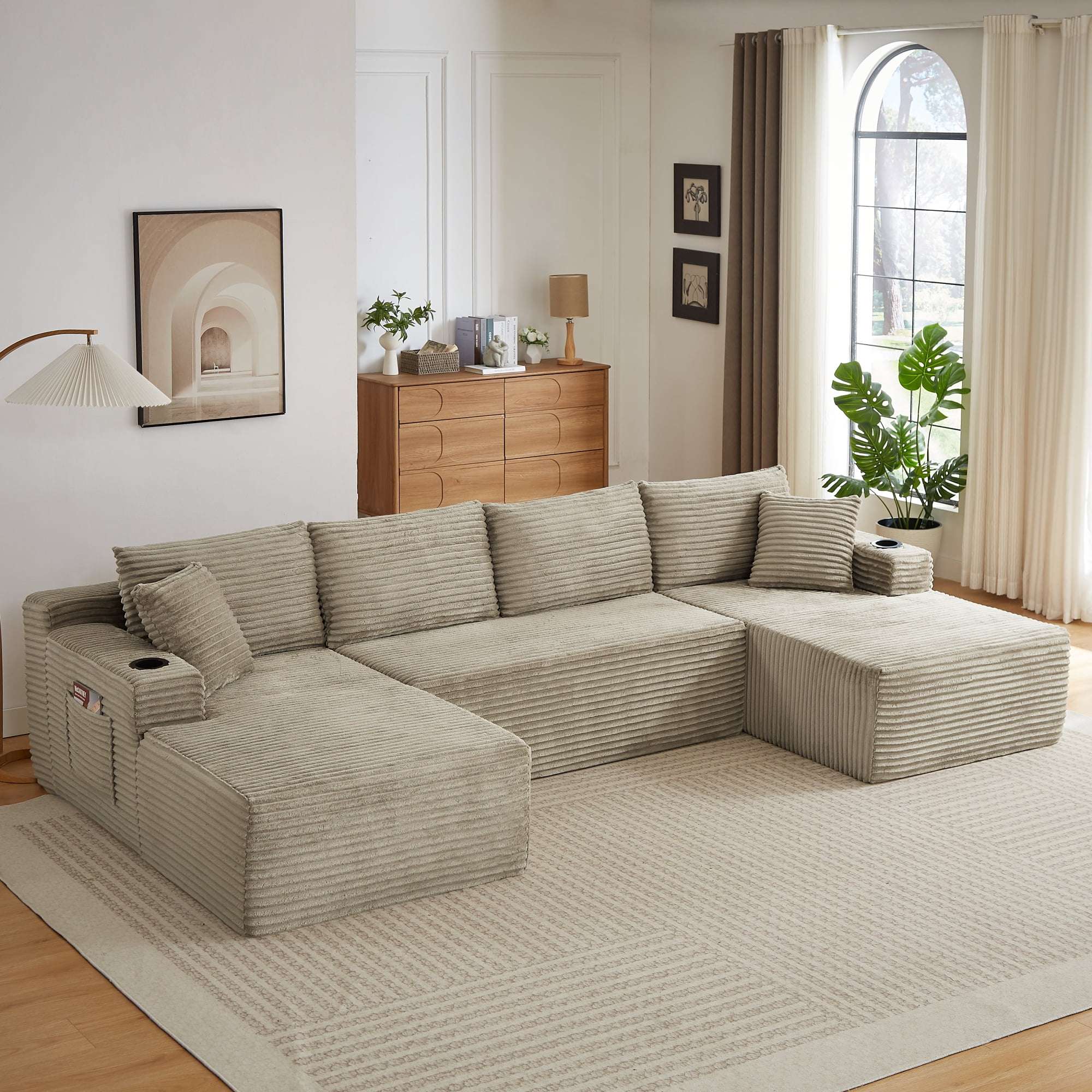 Leumius 133" Oversized Boneless Sectional Couches for Living Room,Modern Corduroy U Shaped Modular Sectional Sofa with Deep Seat,6-Seat Cloud Couch with Cupholders and Side Pockets,No Assembly,Camel