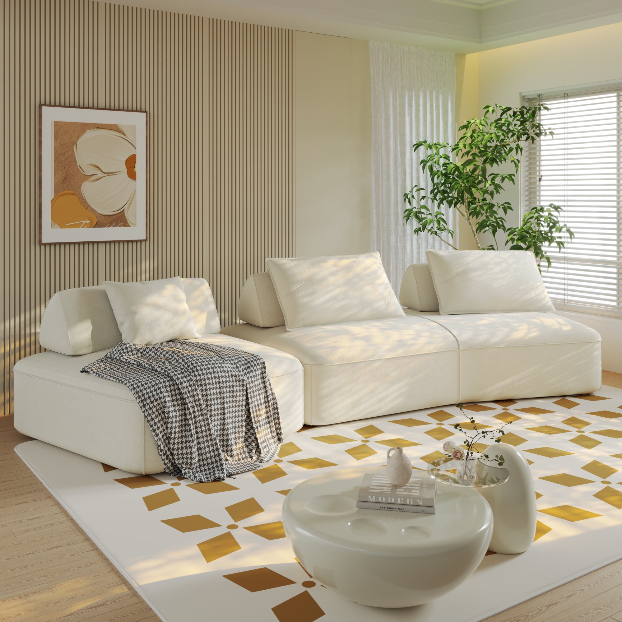 Leumius 139" Oversized Modular Sectional Sofa,DIY Upholstered Fluffy Chenille Sofa with Removable Backrests and Soft Pillows,Deep Seat Couch & Sofa Bed for Living Room,Office,Beige