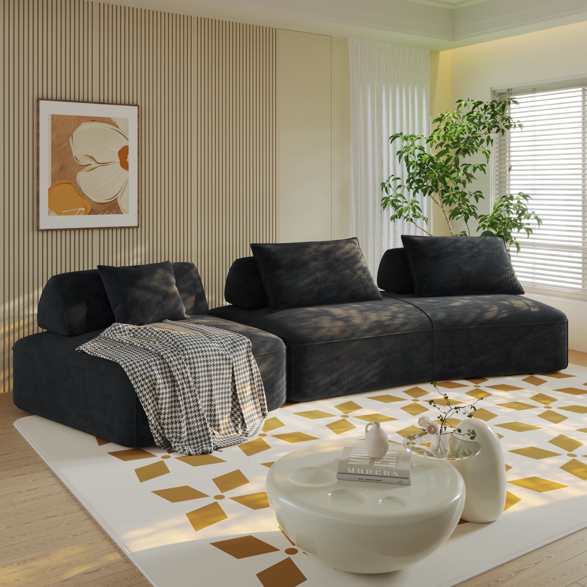Leumius 139" Oversized Modular Sectional Sofa,DIY Upholstered Fluffy Chenille Sofa with Removable Backrests and Soft Pillows,Deep Seat Couch & Sofa Bed for Living Room,Office,Dark Gray