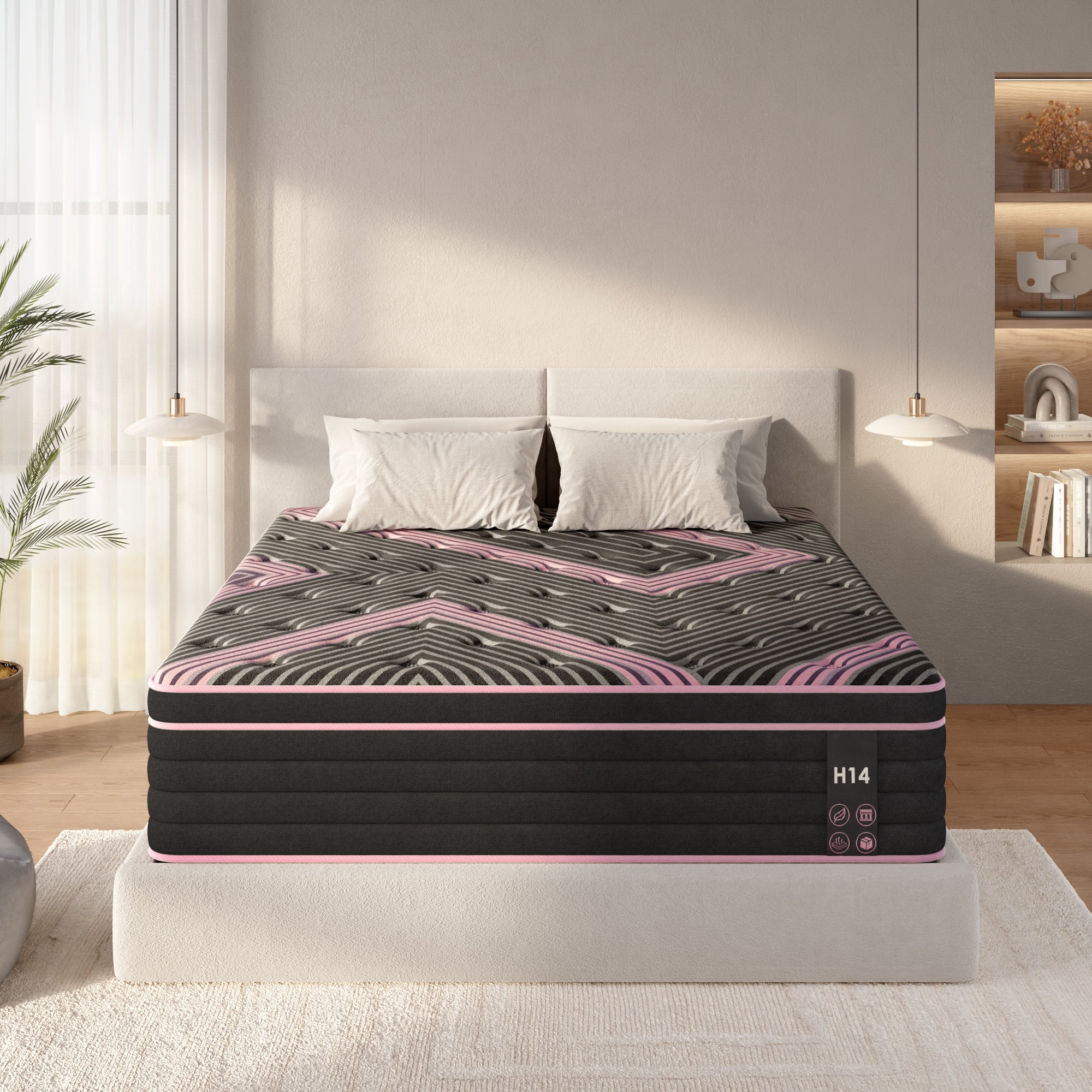 Leumius 14 Inch King Hybrid Mattress in a Box,Cooling Gel Memory Foam Mattress with Individually Pocketed Innerspring,Medium Firm,Pink+Black