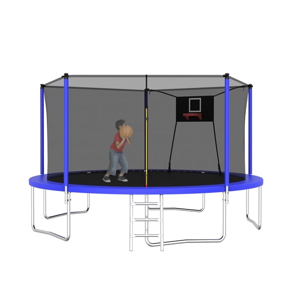 Leumius 14ft Trampoline with Basketball Hoop,Heavy-Duty Outdoor Trampoline with with Enclosure Net and Ladder,Upgraded Backyard Recreational Trampoline for Kids and Adults,Blue