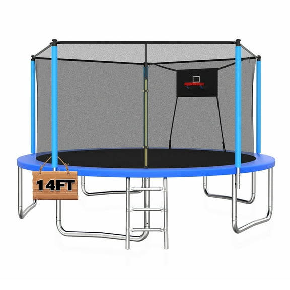Leumius 14ft Trampoline with Basketball Hoop,Heavy-Duty Outdoor Trampoline with with Enclosure Net,Upgraded Kids Recreational Trampoline for Family,Blue