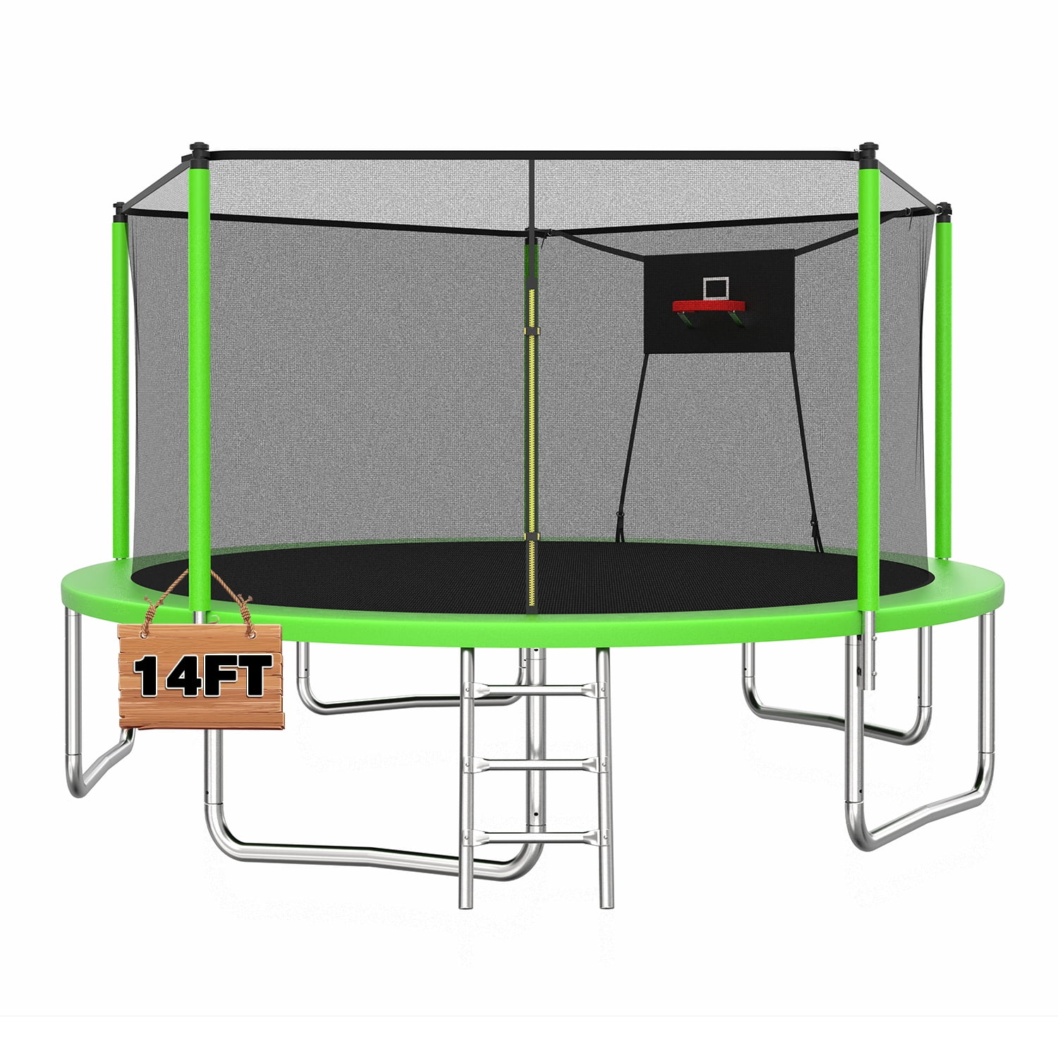 Leumius 14ft Trampoline with Basketball Hoop,Heavy-Duty Outdoor Trampoline with with Enclosure Net,Upgraded Kids Recreational Trampoline for Family,Green