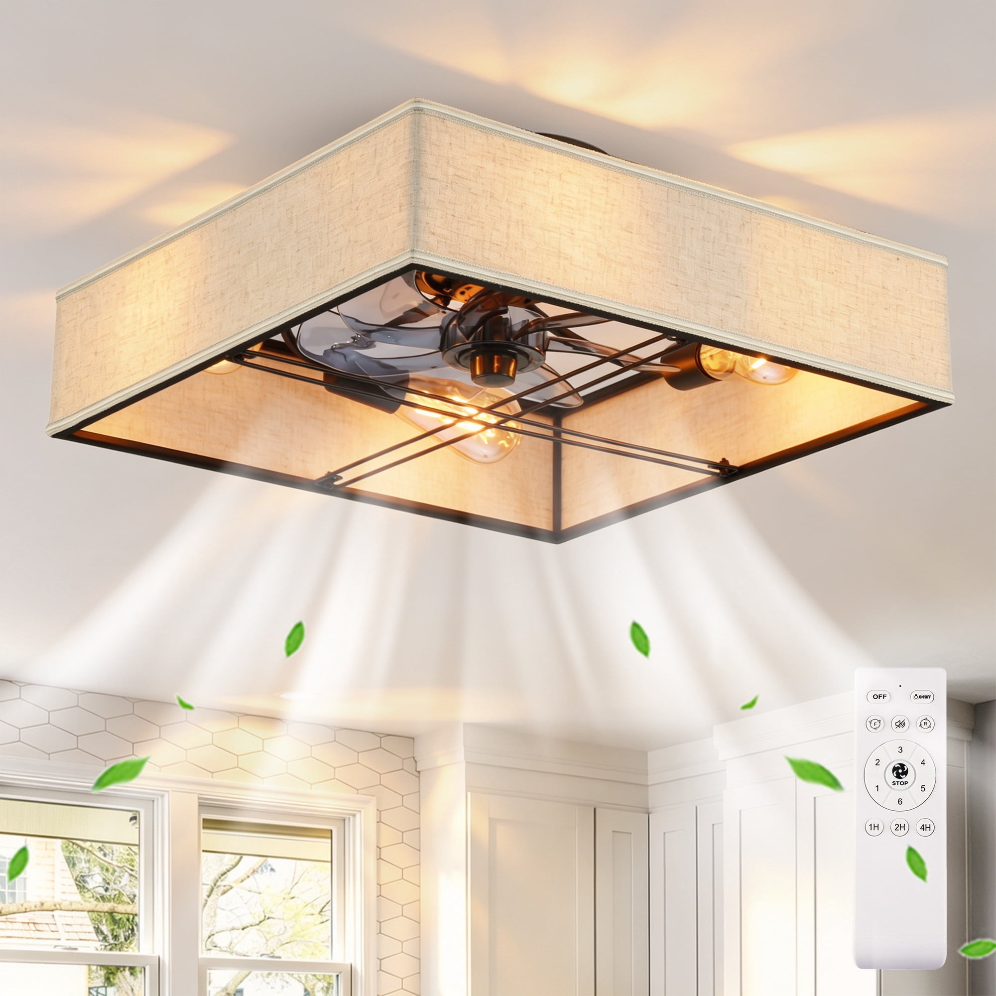 Leumius 16.6" Square Fabric Farmhouse Ceiling Fan with Light and Remote Control,Low Profile Modern Enclosed Ceiling Fans with Reversible Motor for Living Room,Bedroom,Kitchen (NOT Included Bulbs)