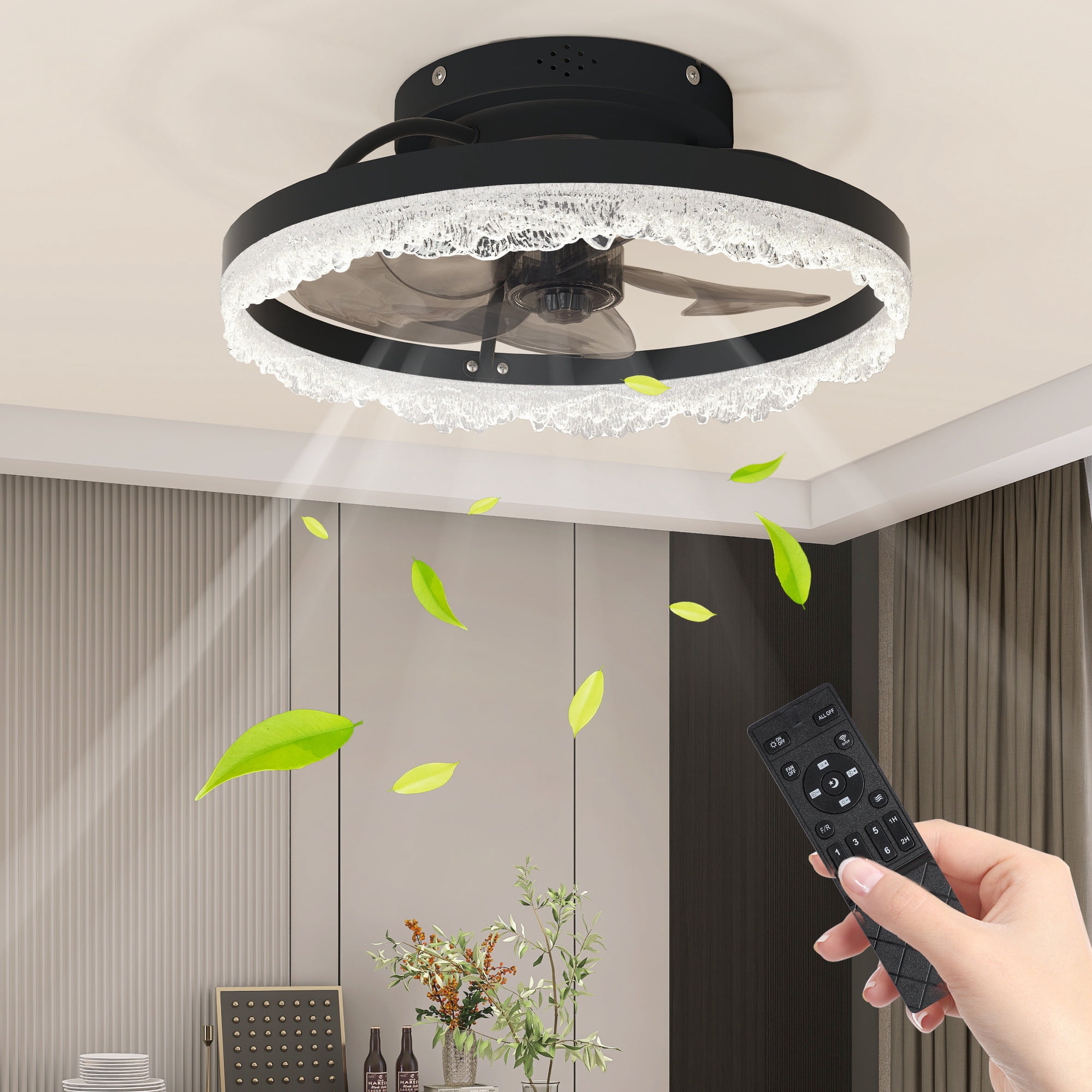 Leumius 16" Decorative LED Ceiling Fan Light, Modern Flush Mount with Acrylic Ring, Hidden Blades, Remote Control and Dimmable Light for Bedroom, Kids Room, Study Room (Black)