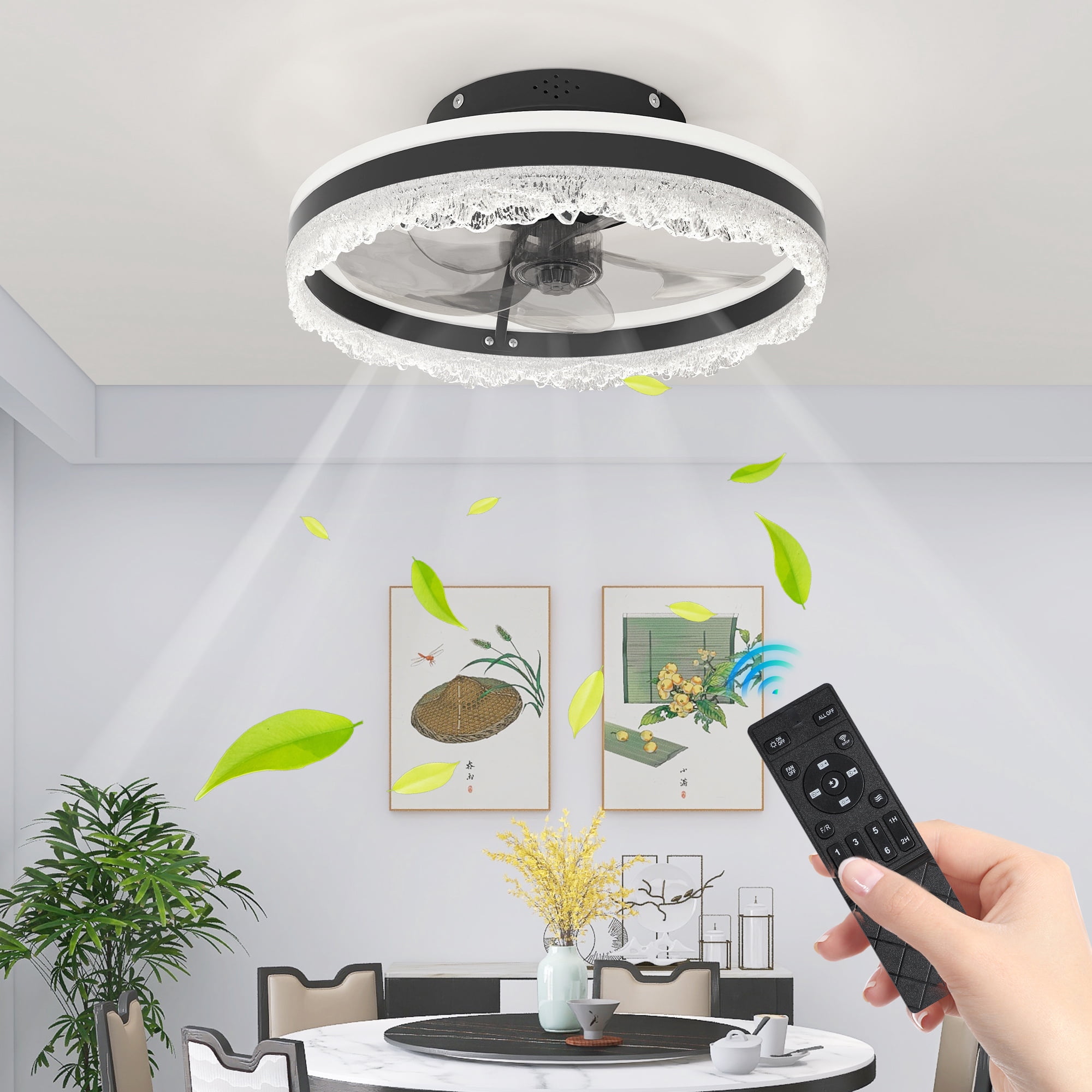 Leumius 16" Quiet Ceiling Fan with Light, LED Crystal Flush Mount Fan Lamp with Hidden Blades and Natural Airflow for Bedroom, Kids Room, Study Room