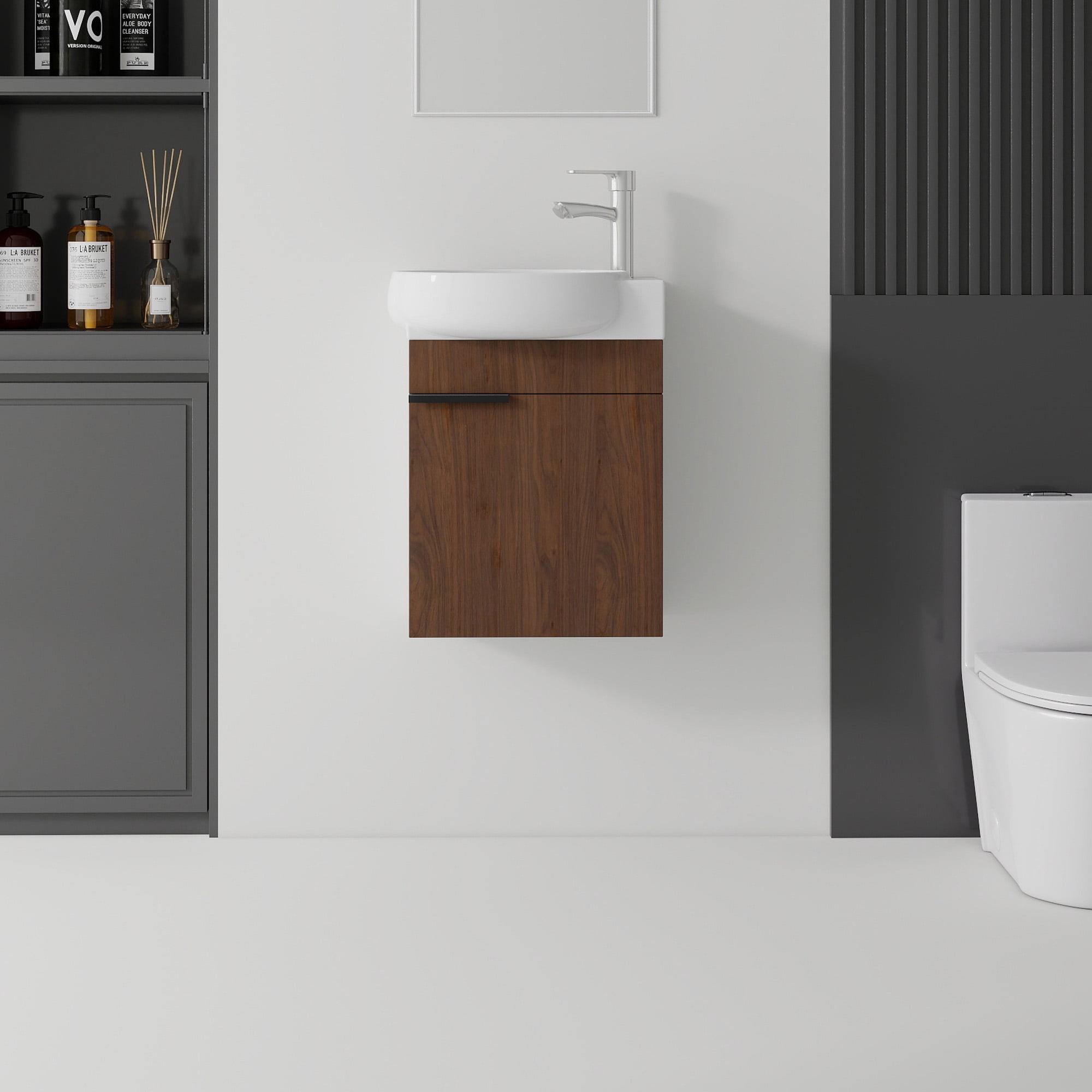 Leumius 16" Wall-Mount Bathroom Vanity Cabinet with with Ceramic Sink & Soft‑Close Doors for Small Space,Bathrooms,Brown
