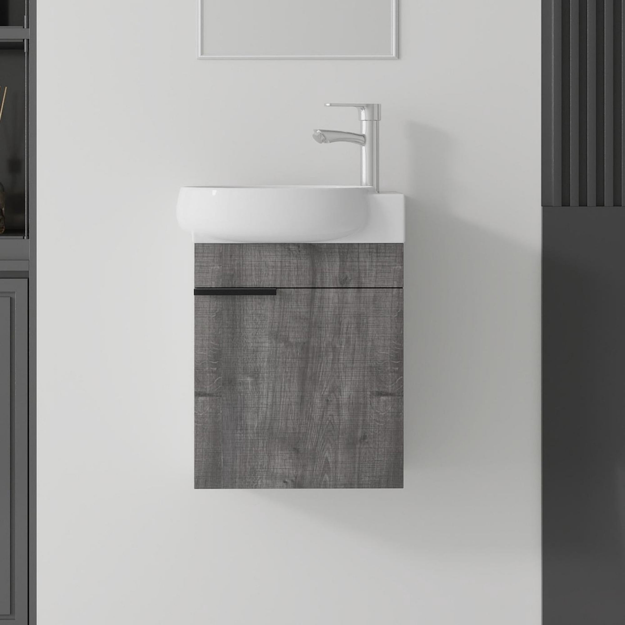 Leumius 16" Wall-Mount Bathroom Vanity Cabinet with with Ceramic Sink & Soft‑Close Doors for Small Space,Bathrooms,Grey