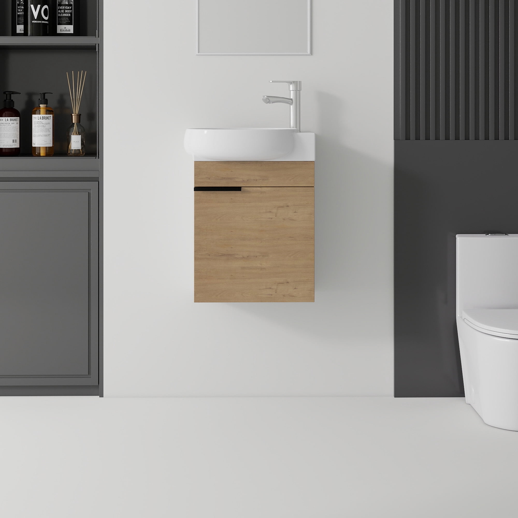 Leumius 16" Wall-Mount Bathroom Vanity Cabinet with with Ceramic Sink & Soft‑Close Doors for Small Space,Bathrooms,Oak