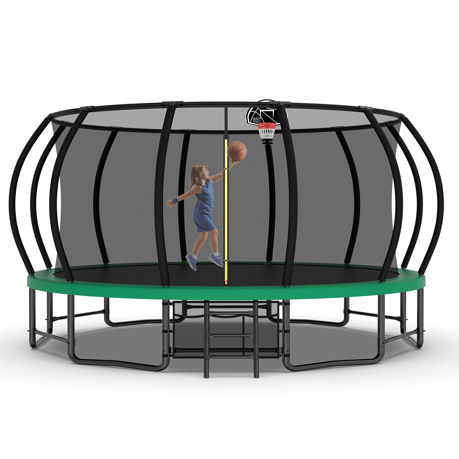 Leumius 16FT Trampoline with Enclosure Net,Outdoor Heavy Duty Pumpkin Trampolines with Curved Poles,Recreational Trampolines with Ladder and Basketball Hoop for Kids and Adults,Green