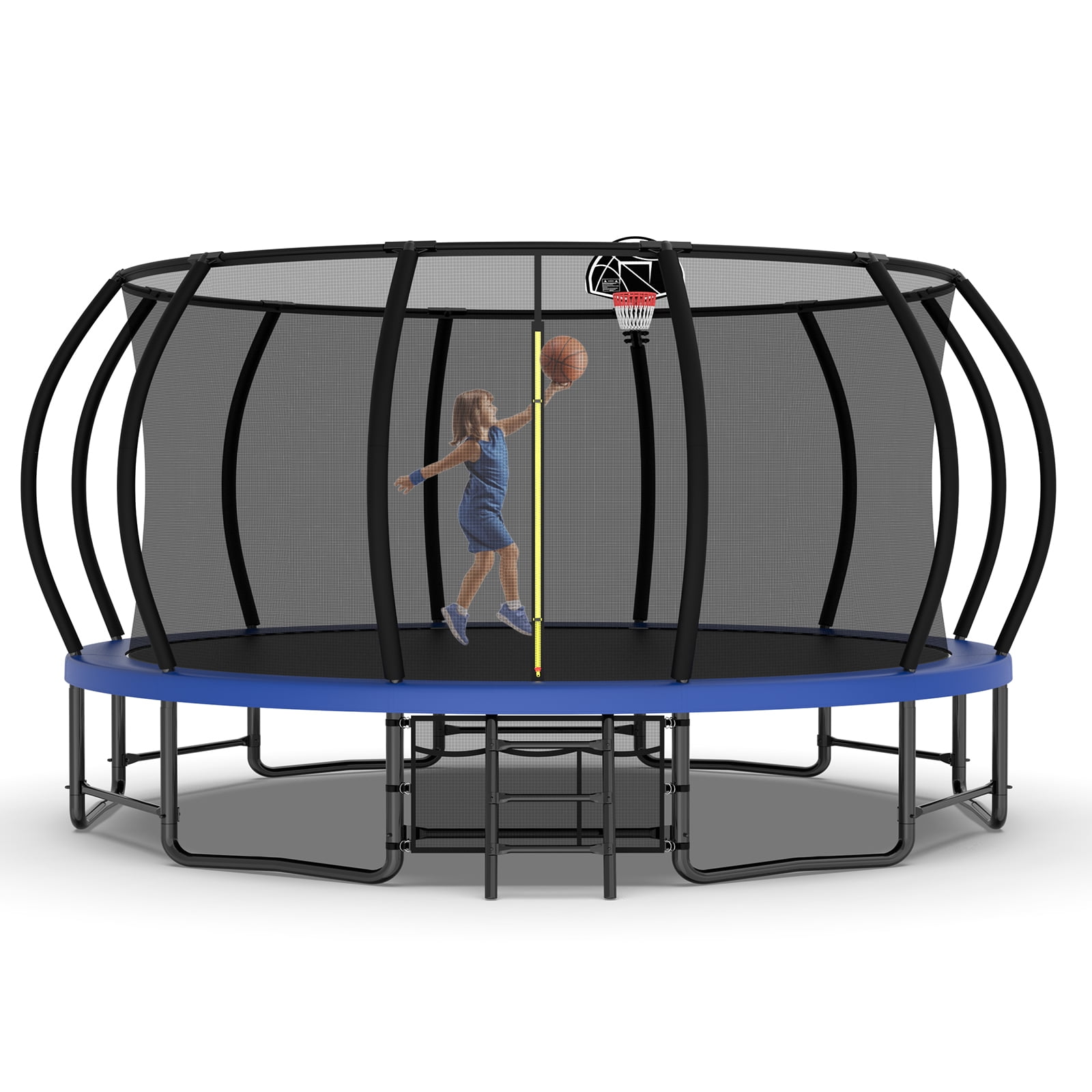 Leumius 16FT Trampoline with Enclosure Net,Outdoor Heavy Duty Pumpkin Trampolines with Curved Poles,Recreational Trampolines with Ladder and Basketball Hoop for Kids and Adults,Blue