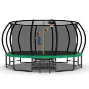 Leumius 16FT Trampoline for Kids and Adults,Outdoor Pumpkin Trampolines with Curved Poles,Heavy Duty Recreational Trampoline with Ladder and Basketball Hoop,Green