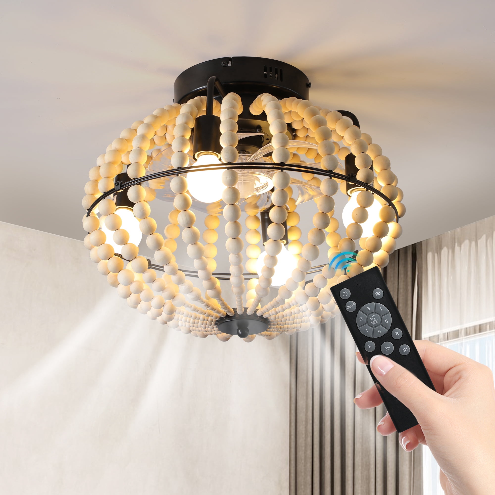 Leumius 18" Bohemian Wood Beaded Ceiling Fan with Light, Flush Mount Caged Ceiling Fan, Rustic Farmhouse Low Profile Fan Light Fixture for Bedroom Living Room Kids Room(No Bulbs)