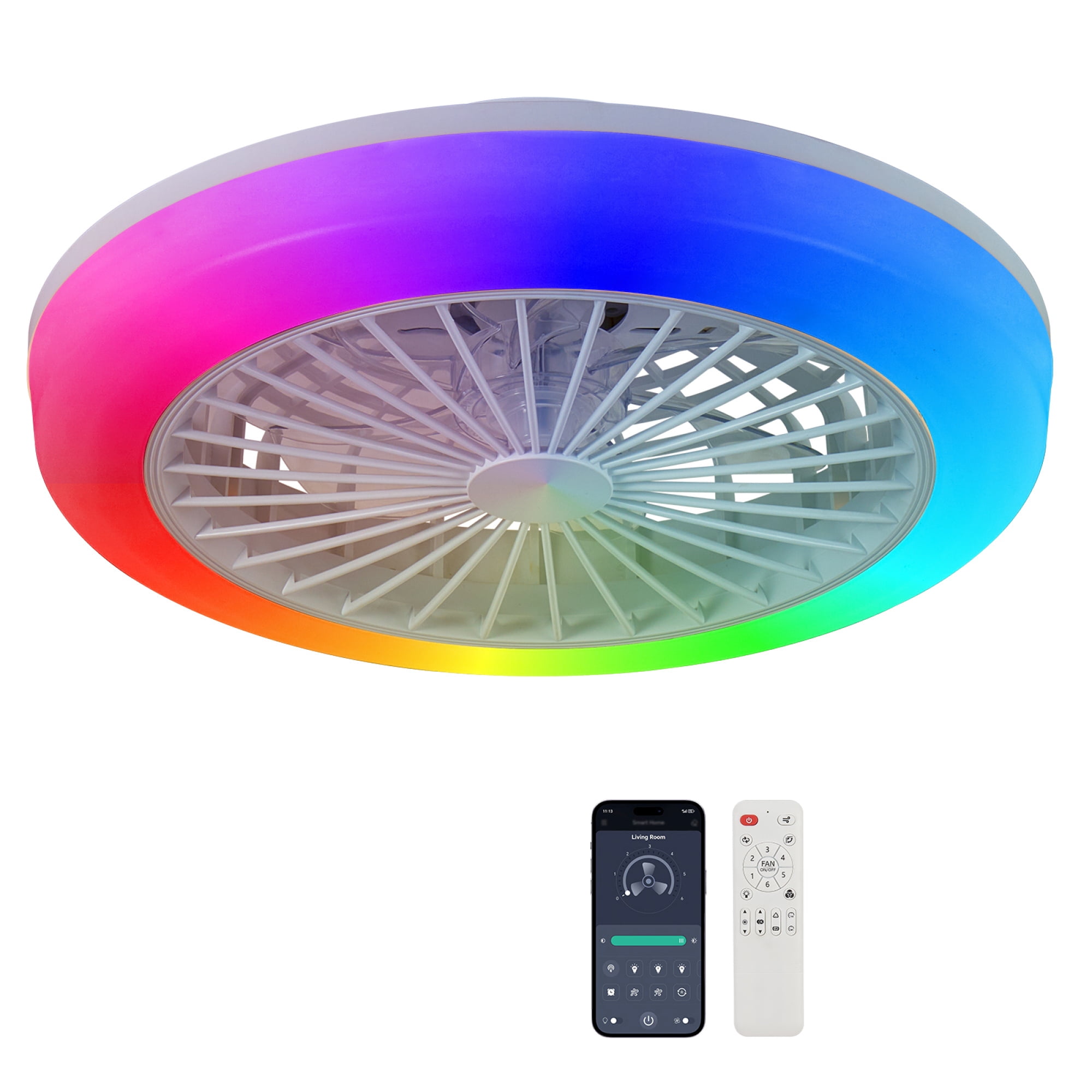 Leumius 18" Ceiling Fan with RGB Light Remote, Smart LED Ceiling Fans with Remote/App Control, Modern Low Profile Dimmable Light Ceiling Fan for Bedroom Living Room White