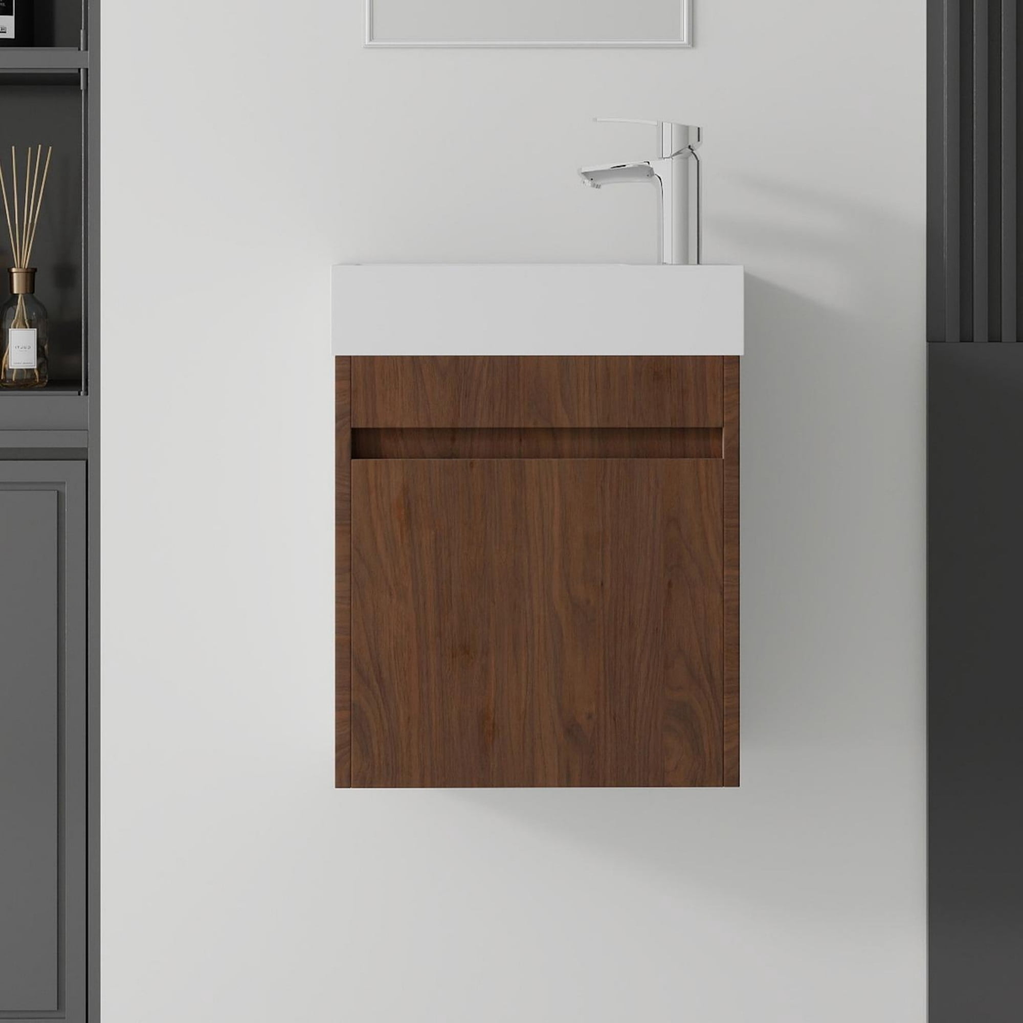 Leumius 18" Floating Bathroom Vanity with Ceramic Sink,Modern Wall Mounted Basin Cabinet with Soft-Close Doors for Small Bathrooms,Brown