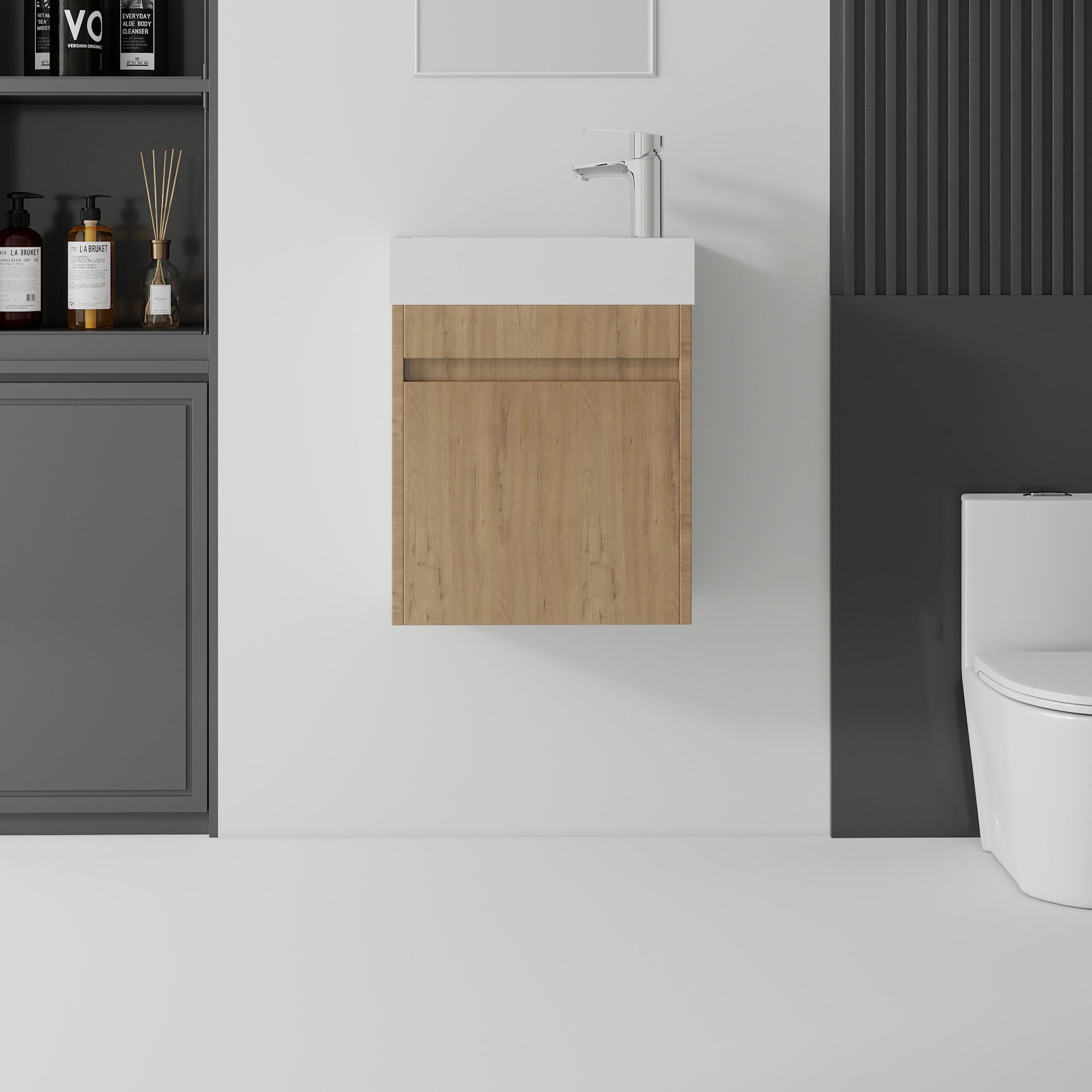 Leumius 18" Floating Bathroom Vanity with Ceramic Sink,Modern Wall Mounted Basin Cabinet with Soft-Close Doors for Small Bathrooms,Oak