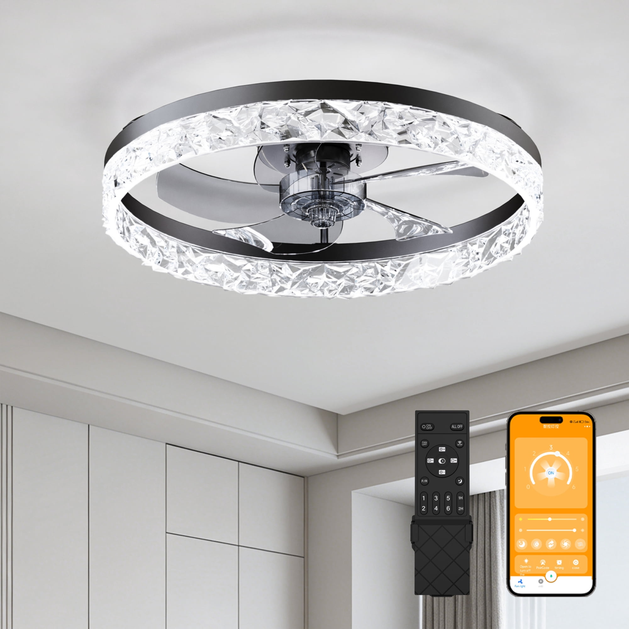 Leumius 19.7" Ceiling Fans with Lights Remote and APP Control, Dimmable 3-Color and 6-Speed quiet DC Motor, Ceiling Fan for Living Room Bedroom Black