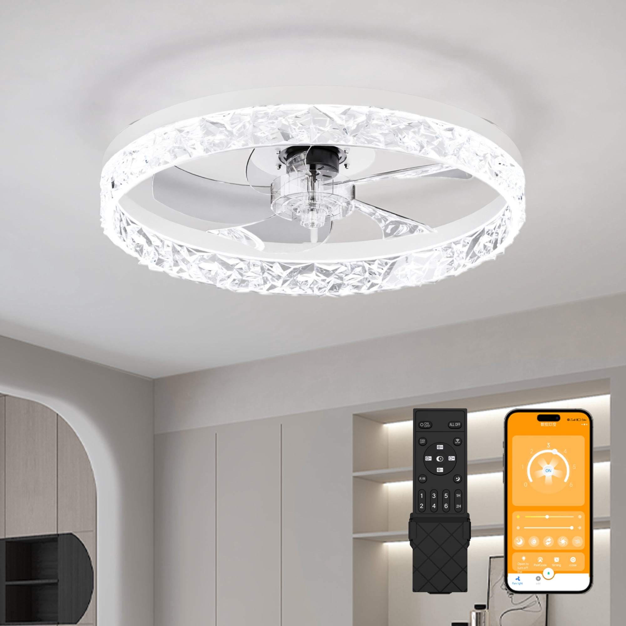 Leumius 19.7" Ceiling Fans with Lights Remote and APP Control, Dimmable 3-Color and 6-Speed quiet DC Motor, Ceiling Fan for Living Room Bedroom White