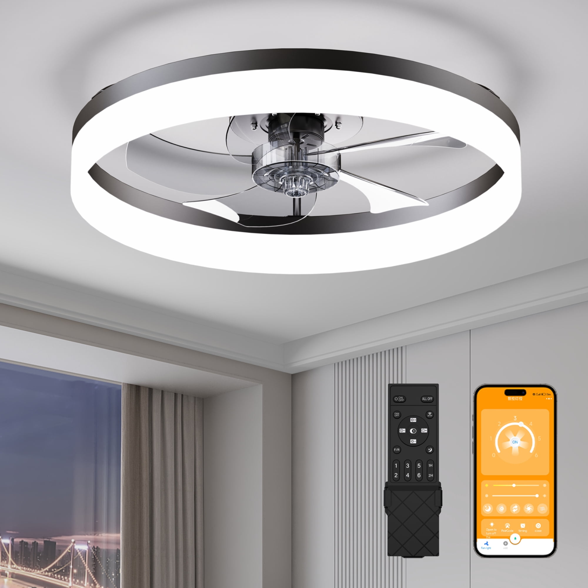 Leumius 19.7" LED Ceiling Fan Light with Remote and App Control, 6 Speeds, Dimmable, 3000K-6500K, Flush Mount Fandelier for Bedroom Black