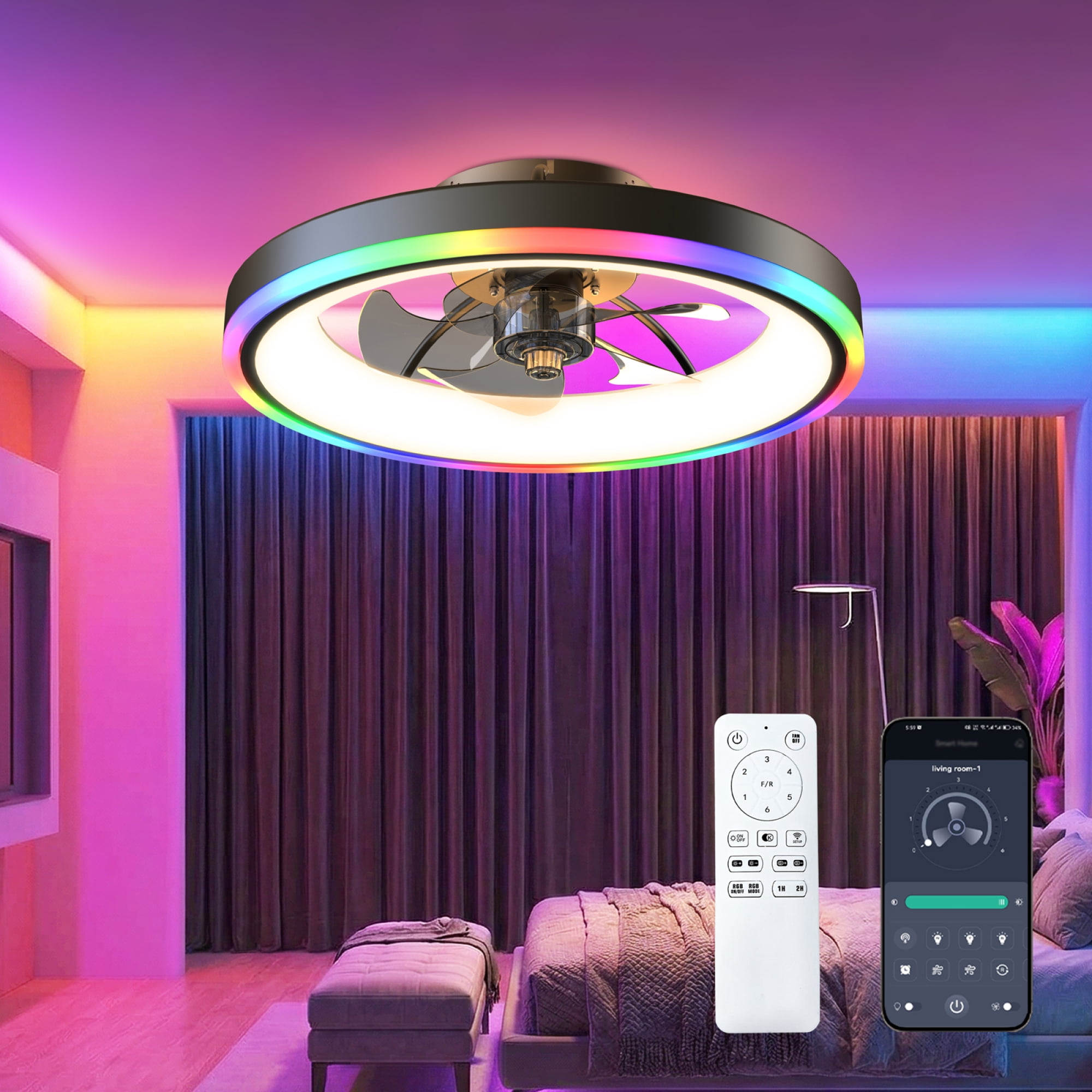 Leumius 19.7" Modern RGB Ceiling Fan with Lights, Flush Mount Low Profile Fan with Remote & APP, 6-Speed Reversible Silent DC Motor, Dimmable 3000-6500K LED for Bedroom Living Room Black