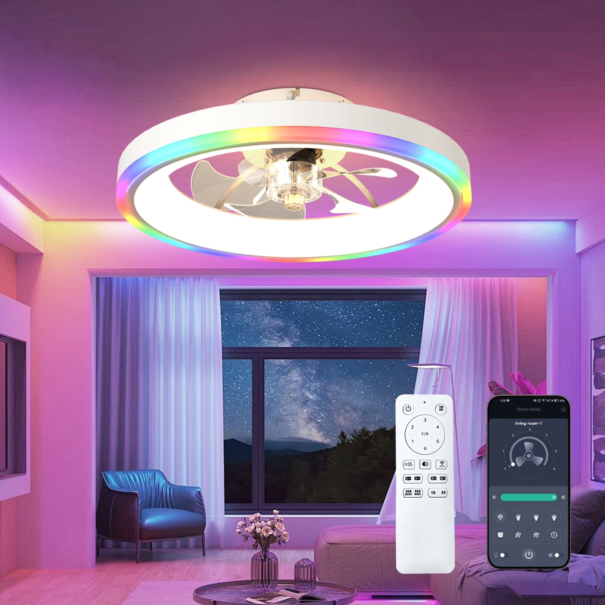 Leumius 19.7" Modern RGB Ceiling Fan with Lights, Flush Mount Low Profile Fan with Remote & APP, 6-Speed Reversible Silent DC Motor, Dimmable 3000-6500K LED for Bedroom Living Room White