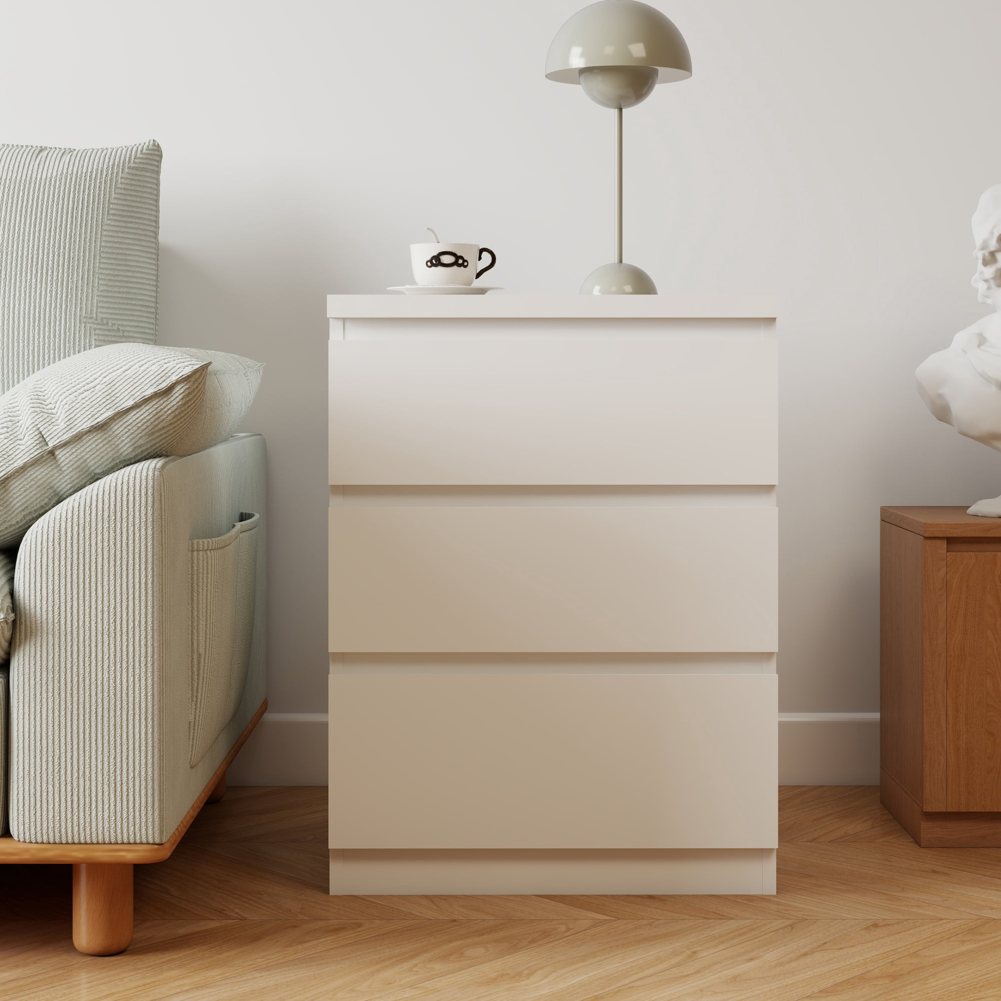Leumius 19.7" Nightstand with 3 Drawers,Handle-Free Design,Thickened Top,Small Storage Cabinet for Bedroom/Living Room,White