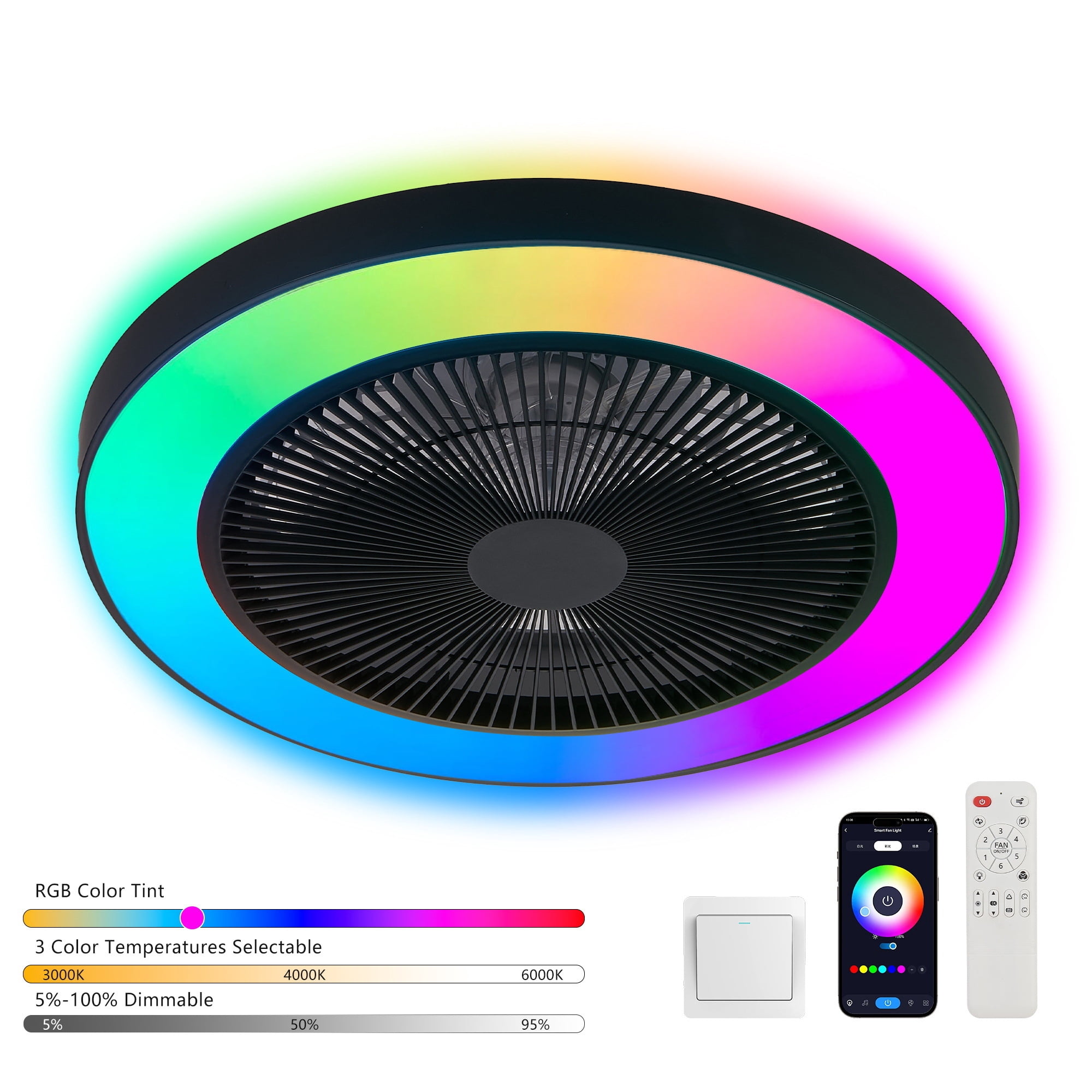Leumius 19" Black Ceiling Fan Light with LED RGB, Dimmable & Color-Changing, APP & Remote Control, Modern Smart Ceiling Fan for Living Room Bedroom and Dining Room