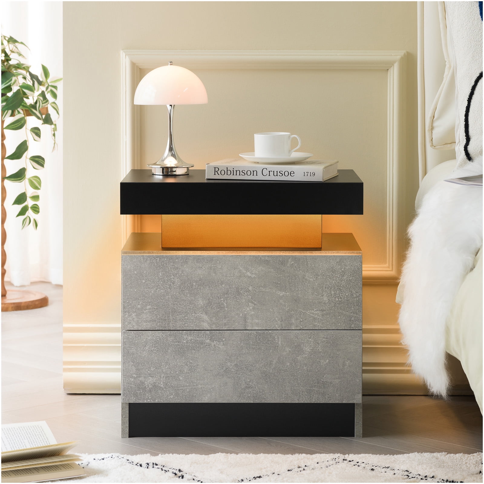Leumius 2 Drawer Modern Nightstand with LED Light Small Bedside Tables End Side for Bedroom,Black+ Gray