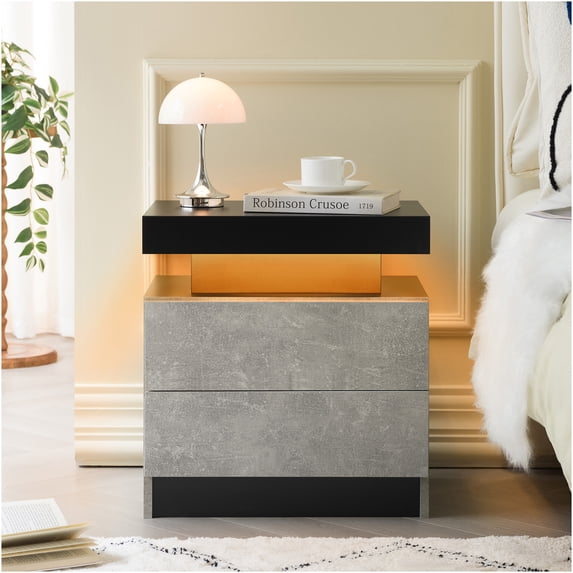 Leumius 2 Drawer Modern Nightstand with LED Light Small Bedside Tables End Side for Bedroom,Black+ Gray