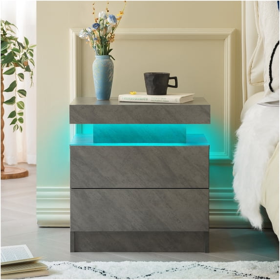 Leumius 2 Drawer Modern Nightstand with LED Light Small Bedside Tables End Side for Bedroom,Gray