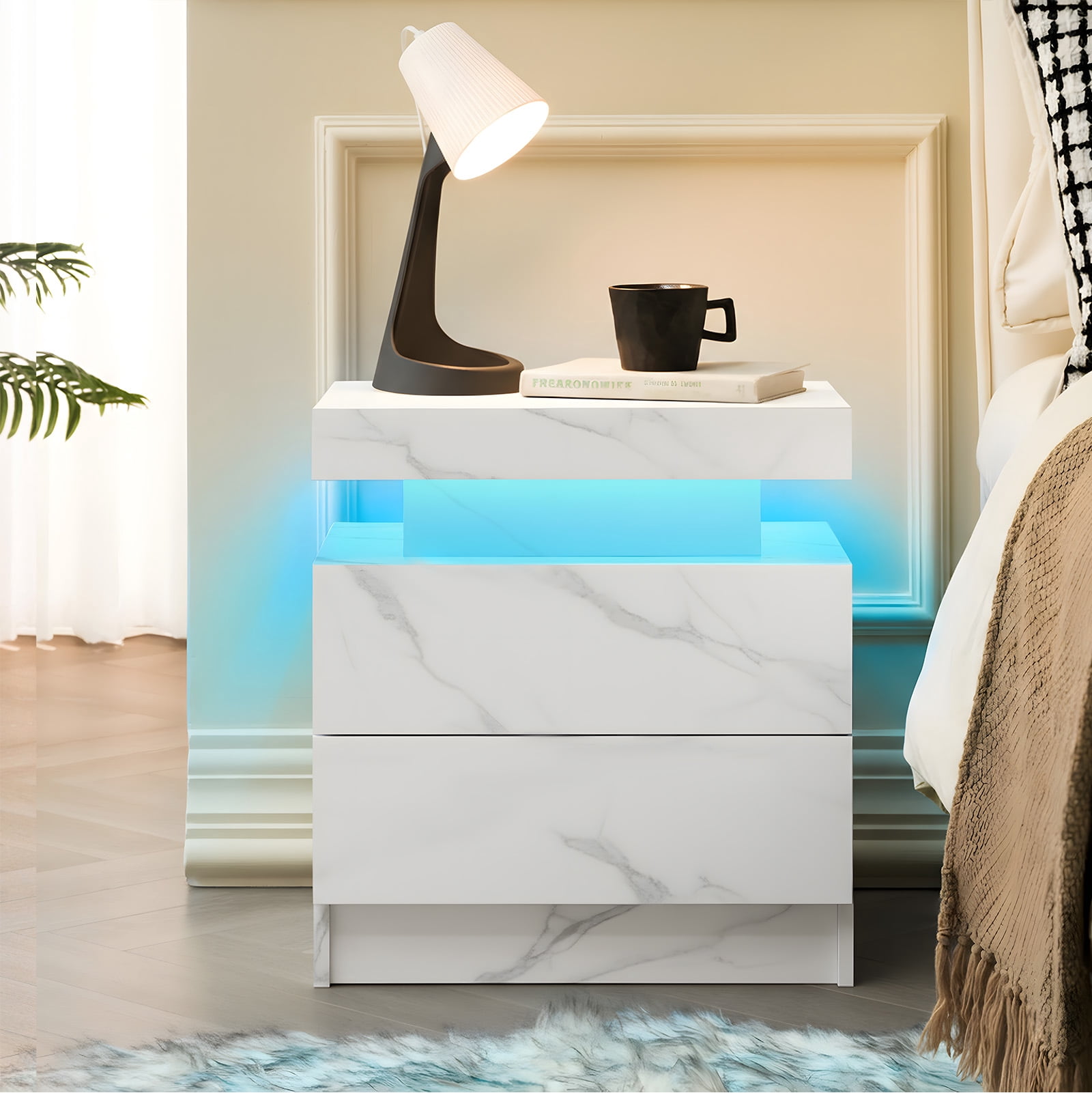 Leumius 2 Drawer Modern Nightstand with LED Light Small Bedside Tables End Side for Bedroom,Matte White