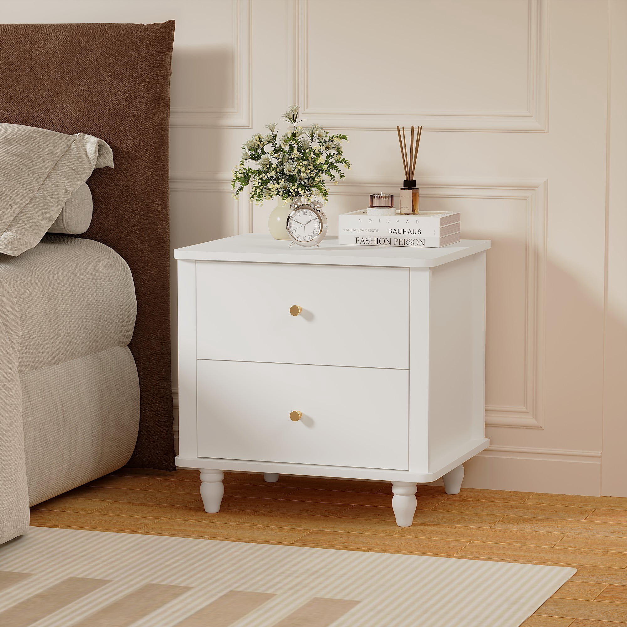 Leumius 2-Drawer Nightstand,Modern Bedside Table with Round Knobs,Small End Table for Bedroom/Living Room/Kids Room,White