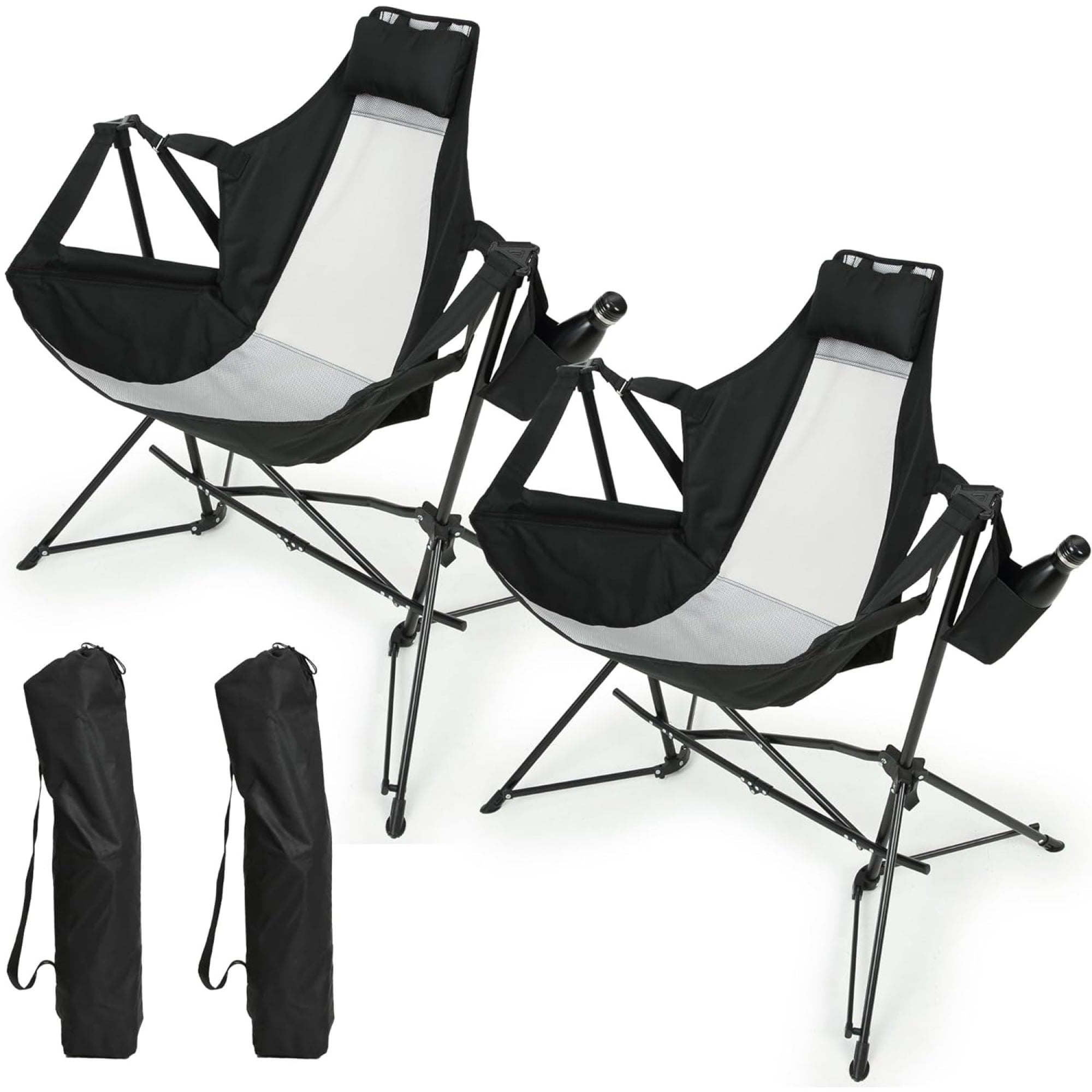 Leumius 2 Pack Hammock Camping Chair,Oversized Folding Camping Chair with Pillow Cup Holder, Recliner with Carry Bag for Outdoor Travel Lawn Backyard,Black