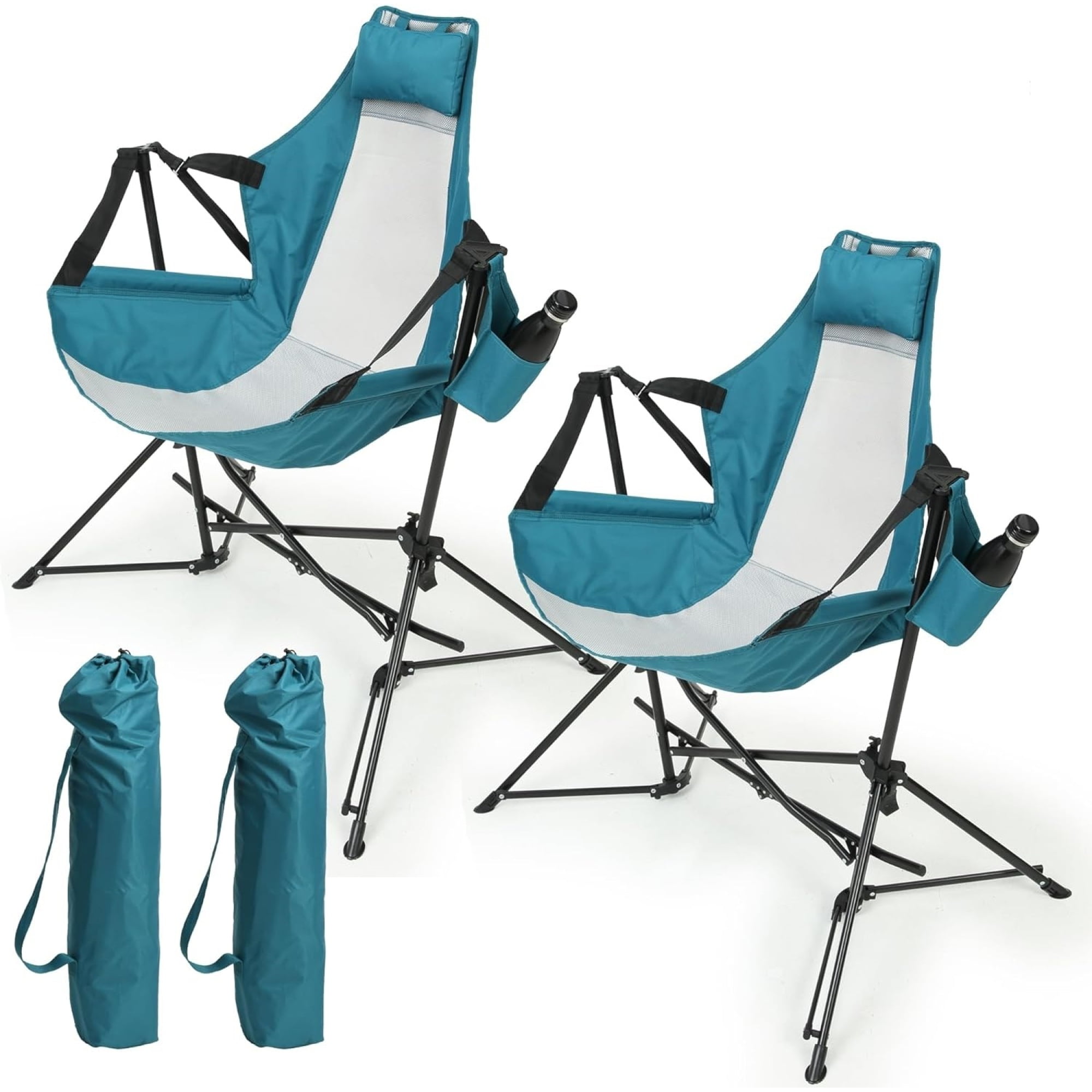 Leumius 2 Pack Hammock Camping Chair,Oversized Folding Camping Chair with Pillow Cup Holder, Recliner with Carry Bag for Outdoor Travel Lawn Backyard,Blue