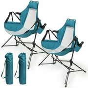 Leumius 2 Pack Hammock Camping Chair,Oversized Folding Camping Chair with Pillow Cup Holder, Recliner with Carry Bag for Outdoor Travel Lawn Backyard,Blue