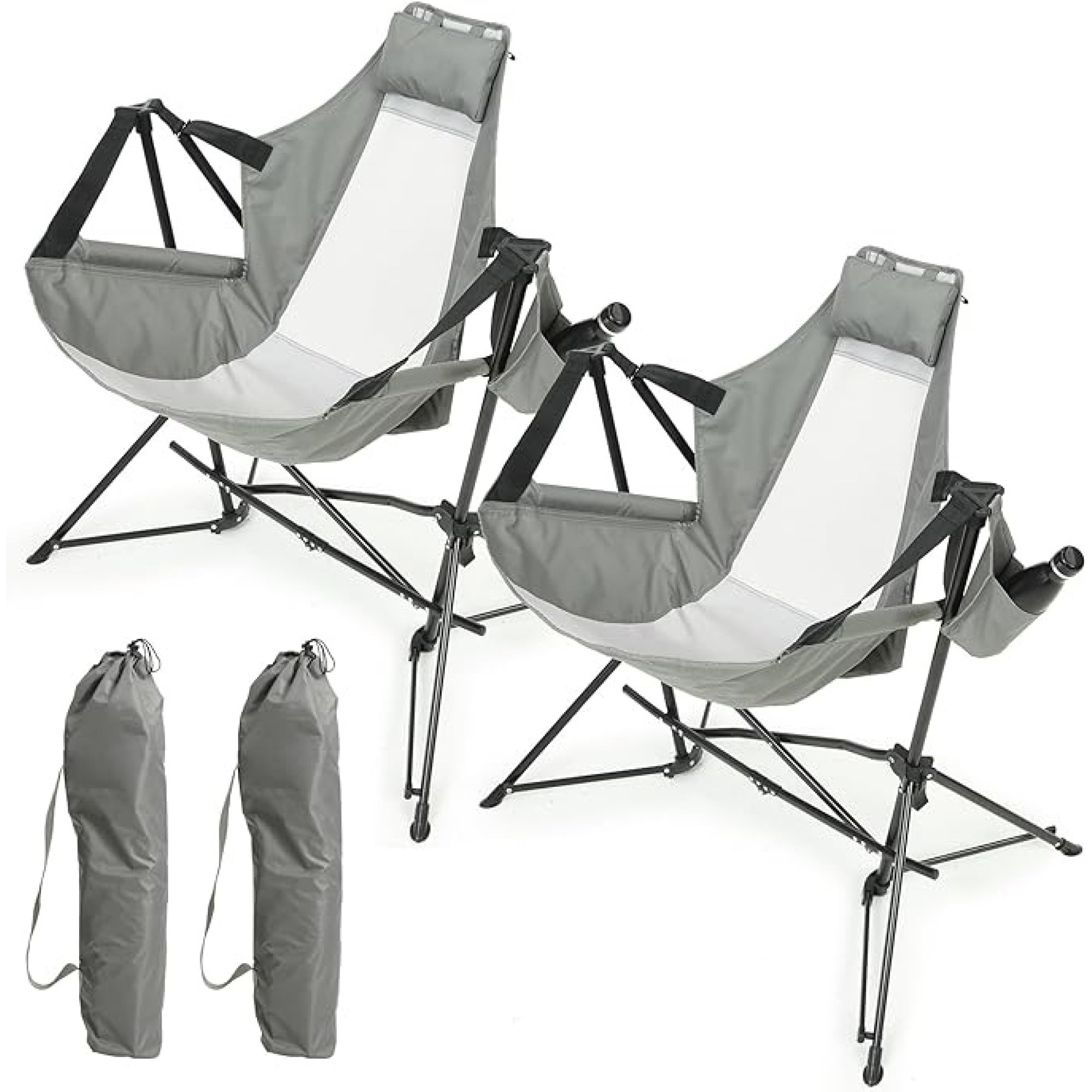 Leumius 2 Pack Hammock Camping Chair,Oversized Folding Camping Chair with Pillow Cup Holder, Recliner with Carry Bag for Outdoor Travel Lawn Backyard,Gray