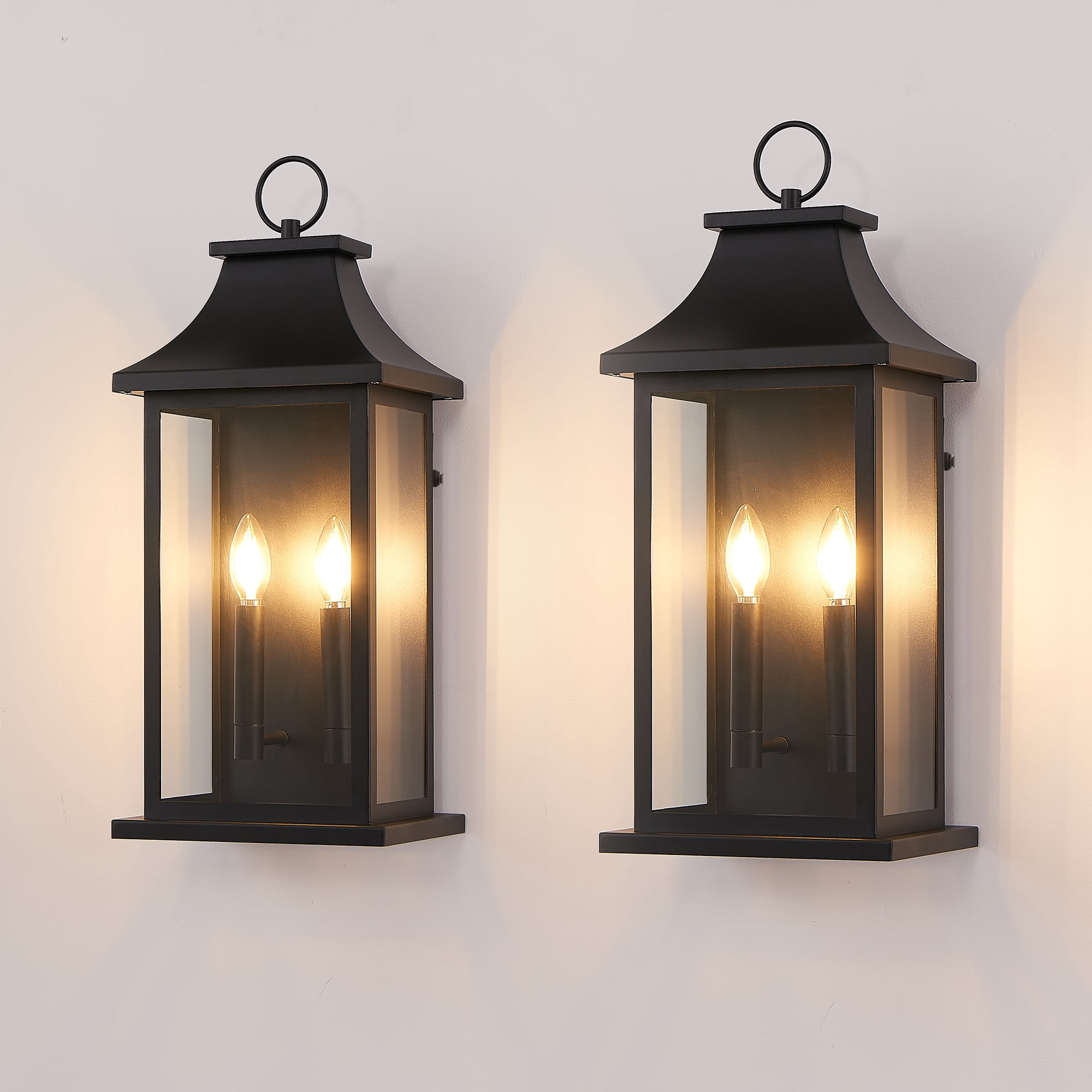 Leumius 2-Pack Outdoor Wall Lantern 2-Light, 22.2" Large Outside Wall Sconce, Modern Black Wall Light Fixture with Glass, Waterproof Exterior Lamp for House, Porch, Garage