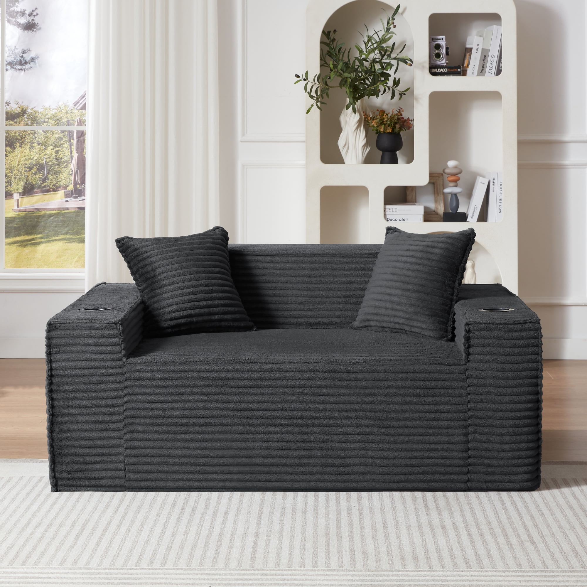 Leumius 2 Seater Cloud Sofa,Boneless Couch with Cupholders,Upholstered Corduroy Fabric Modern Loveseat with Deep Seats for Living Room Bedroom,No Assembly Needed,Dark Gray