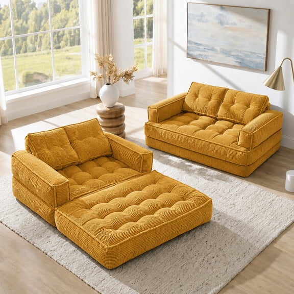 Leumius 2 Seater Modular Corduroy Sofa with Chaise Lounge,2-in-1 Boneless Convertible Floor Couch,Lazy Double Sofa with Armrest for Living Room Bedroom Apartment Game Guest Room,Yellow