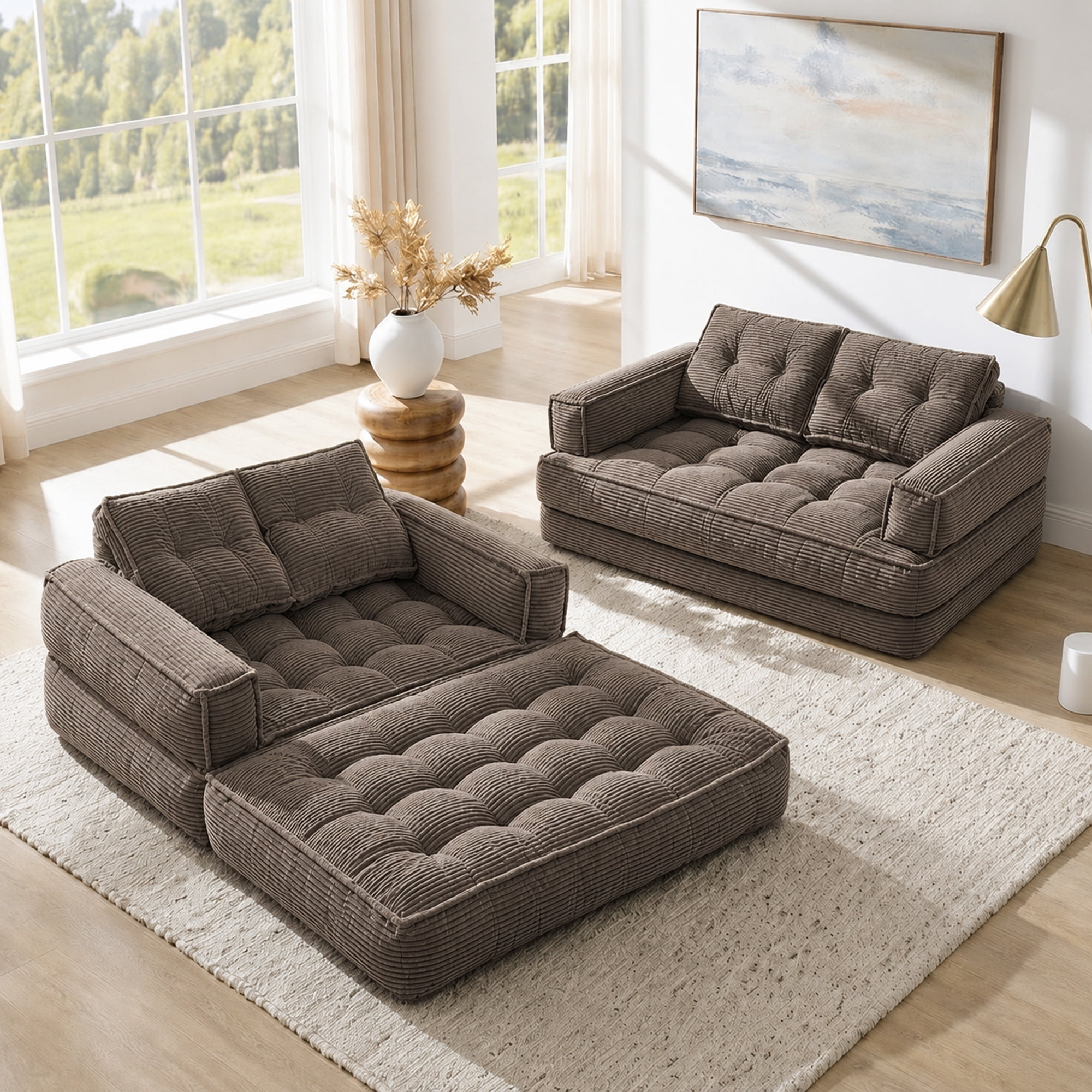 Leumius 2 Seater Modular Corduroy Sofa with Chaise Lounge,2-in-1 Boneless Convertible Floor Couch,Lazy Double Sofa with Armrest for Living Room Bedroom Apartment Game Guest Room,Coffee